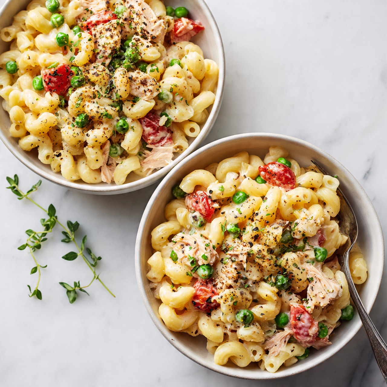 A white bowl filled with a pasta salad featuring many small curly macaroni noodles mixed well with chopped green herbs and finely diced red and orange vegetables scattered evenly. Small shrimp are spread throughout, adding a light pink color among the pasta. A single sprig of fresh green parsley is placed on top in the center as garnish. The bowl sits on a white marbled surface, with soft natural light highlighting the colors and textures of the dish. Photo taken with an iphone --ar 4:5 --v 7