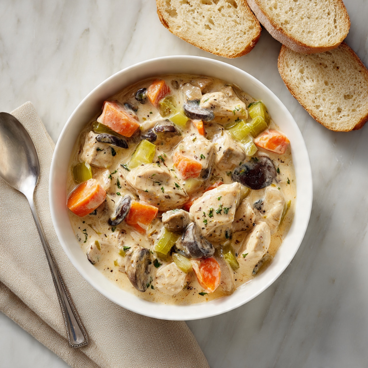 The image shows a white bowl filled with a creamy dish that has many layers of colors and textures. The dish contains pieces of white and light brown chicken mixed with bright orange carrot chunks, green celery slices, and dark brown mushroom pieces. The creamy sauce is light beige and smooth, surrounding all the ingredients evenly. The bowl is placed on a white marbled surface with a beige cloth beside it. Nearby, there is a silver spoon and three pieces of light brown bread. The scene is bright and simple, with a clear focus on the food. Photo taken with an iphone --ar 4:5 --v 7