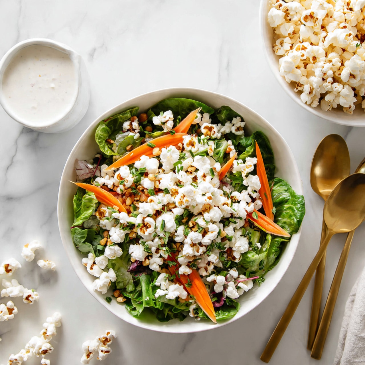 A white bowl filled with a colorful salad with three clear layers: the bottom layer is fresh green lettuce leaves, the middle layer is thin orange carrot sticks, and the top layer is white popcorn mixed with some green herbs scattered on top. The bowl sits on a white marbled surface with a few popcorn pieces scattered around. On the left side, there is a white small bowl filled with white dressing and two gold spoons next to it. In the background, there is a white bowl filled with plain white popcorn. A woman's hand is not shown but implied by the arrangement and lighting. photo taken with an iphone --ar 4:5 --v 7