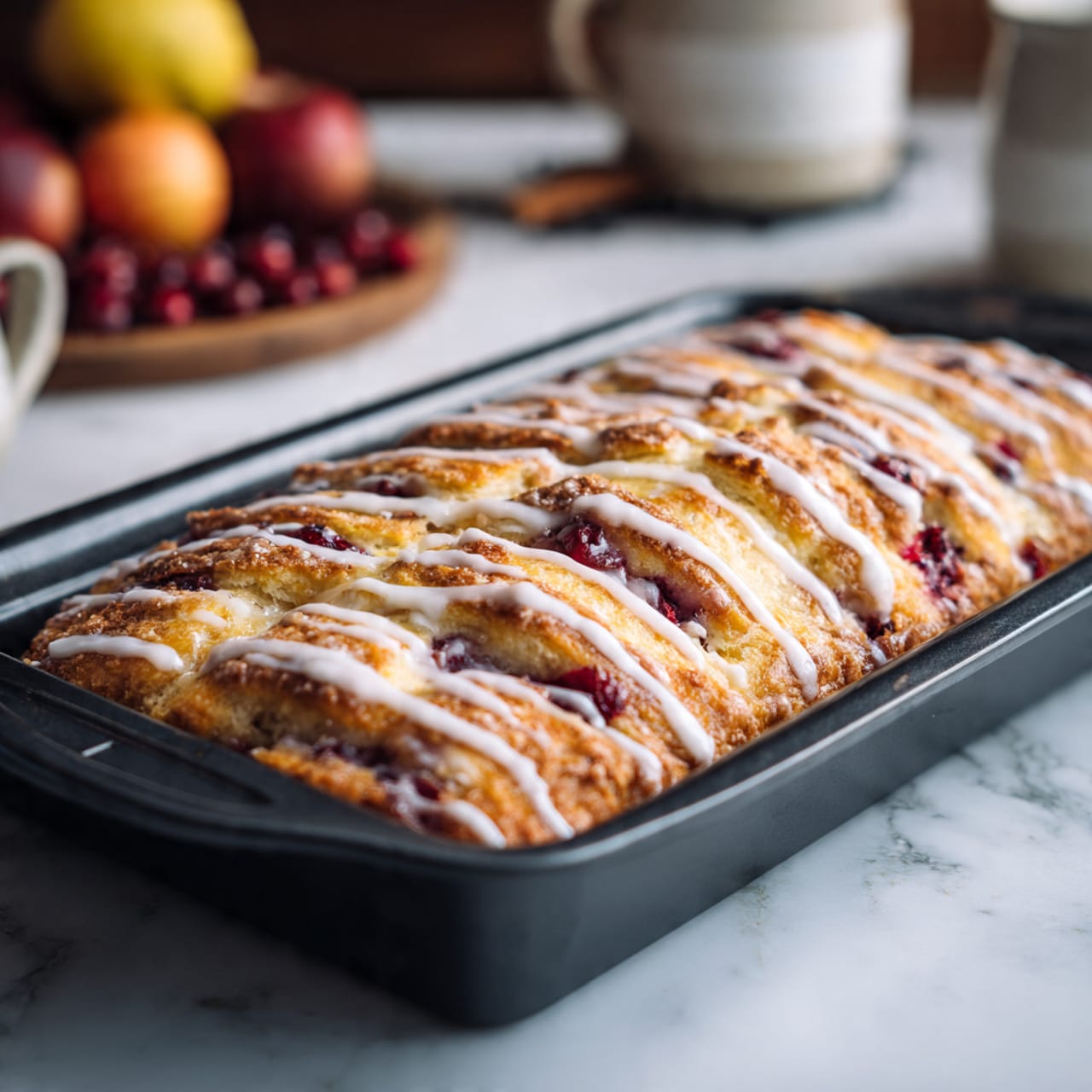 A rectangular baked pastry with a golden brown, slightly uneven textured crust fills a black pan. The top layer is glossy with white icing drizzled unevenly, covering parts of the surface. Patches of dark red fruit filling peek through the dough, creating a marbled effect with the light crust. The background is a white marbled surface with blurred fruit and kitchen items in soft focus, adding warmth and context. Photo taken with an iphone --ar 4:5 --v 7