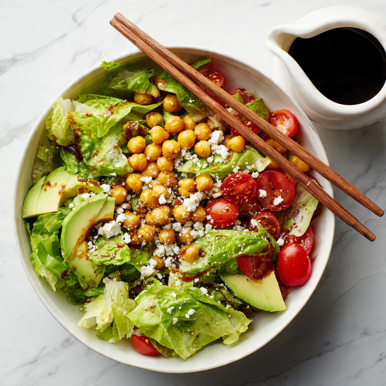 A white bowl on a white marbled surface is filled with several layers of fresh ingredients. The bottom layer is bright green lettuce leaves that cover the bowl. On top, there is a mix of yellow chickpeas, light green avocado chunks, small red cherry tomato halves, and white crumbled cheese scattered evenly. Two wooden chopsticks rest on the bowl’s edge, and a white jug with dark dressing is placed nearby. The photo taken with an iphone --ar 4:5 --v 7