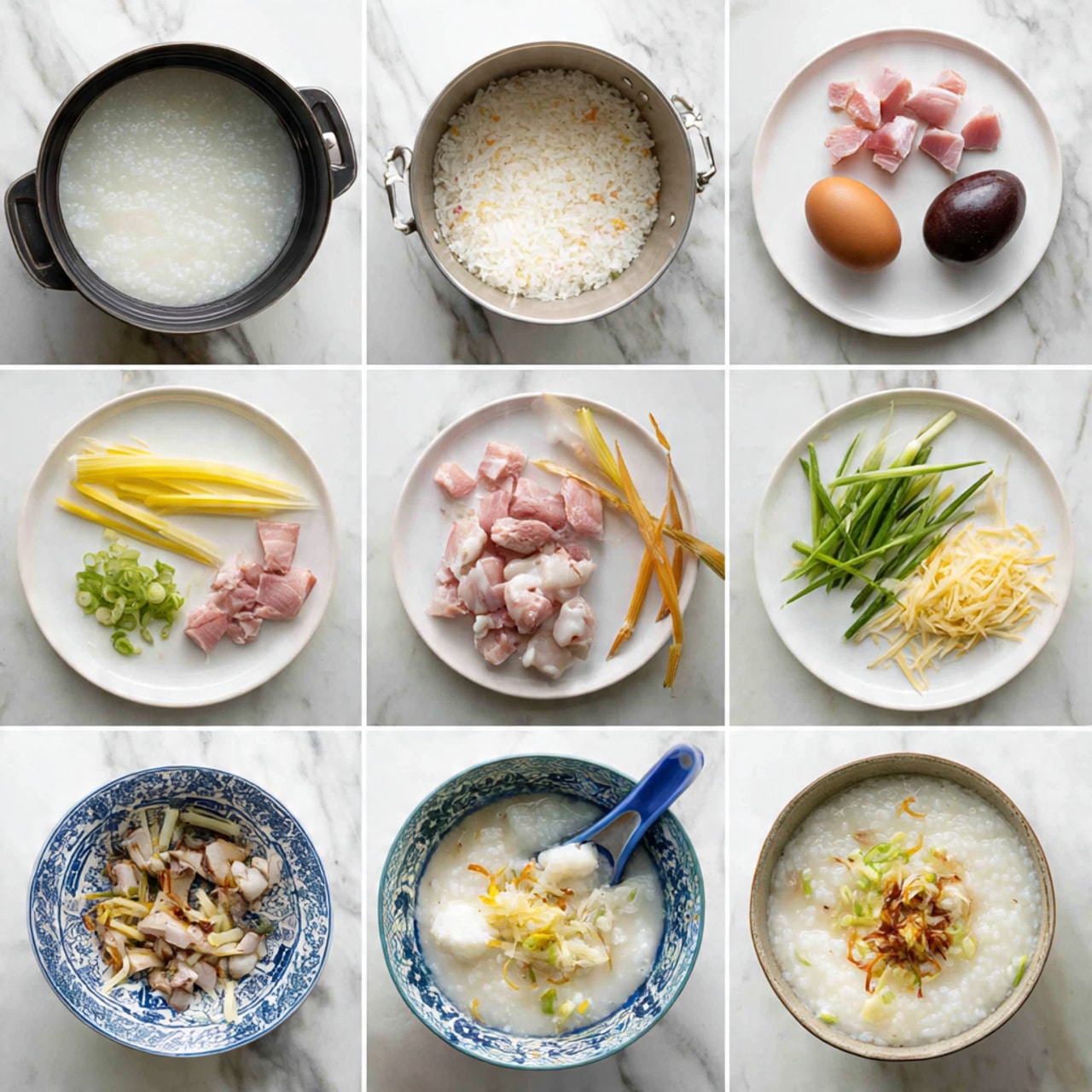 The series of images shows a step-by-step visual of making a rice porridge dish. It starts with two close-up shots of white rice cooking in a black pot, showing the softening grains. Next, a white plate holds raw pink meat slices, a dark brown century egg, fresh light yellow ginger, and green onion stalks, followed by chopped dark green and brown century egg pieces on a white plate, and thin yellow ginger strips with sliced green onion on another white plate. Raw pink meat is shown again in a blue and white patterned bowl. Subsequent shots reveal the porridge thickening in a metal pot. Then, chunks of raw meat and slivers of ginger are added to the cooking white porridge with some green onion sprinkled on top. The final image is a close-up of the finished porridge served in the blue and white bowl, showing the soft white rice mixture layered with pieces of meat, century egg chunks, bits of ginger, and green onion garnish, with a blue and white spoon inside. The background throughout is a white marbled surface. photo taken with an iphone --ar 4:5 --v 7