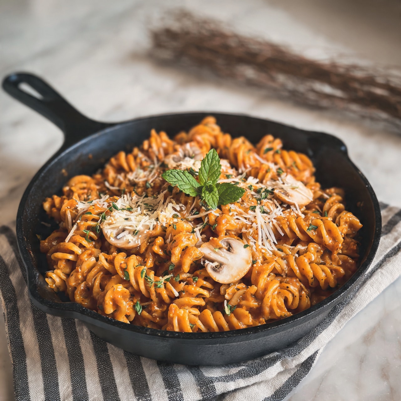 A black cast iron pan filled with cooked curly pasta mixed with rich orange sauce, topped with finely grated light-colored cheese and sprinkled with small green herbs, two light beige mushroom slices placed near the center and a small green mint leaf garnish on top; the pan rests on a cloth with black and white stripes and a white marbled surface in the background with some dry brown twigs above. photo taken with an iphone --ar 4:5 --v 7