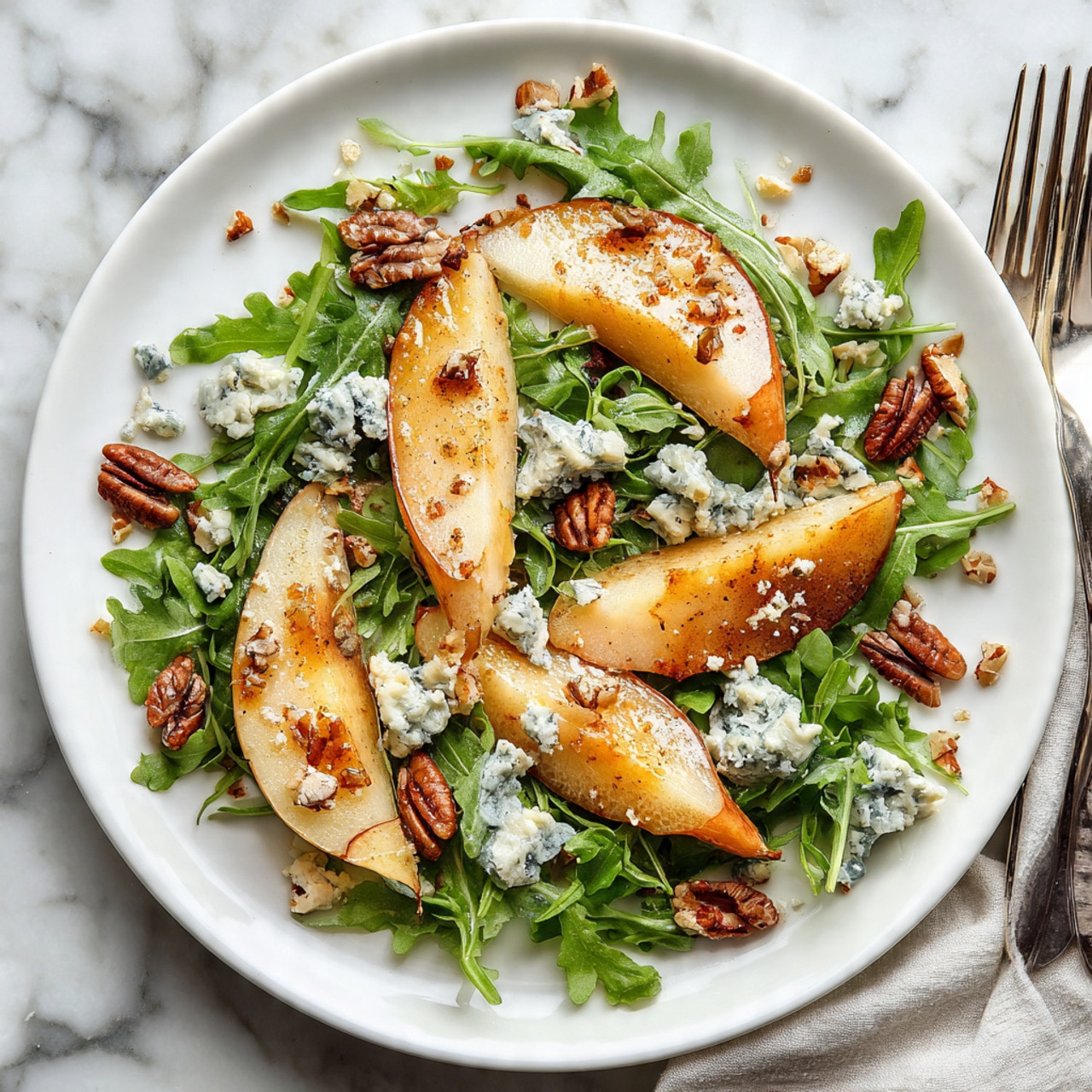 The image shows a white plate with fresh green arugula leaves spread as the first layer. On top, there are several thick slices of golden brown roasted pears arranged in a circular pattern. Scattered over the pears are chunks of blue cheese with creamy white and blue mold spots. Small pieces of toasted pecans with a light brown color are sprinkled around the plate, adding texture and contrast. The plate sits on a white marbled surface. photo taken with an iphone --ar 4:5 --v 7