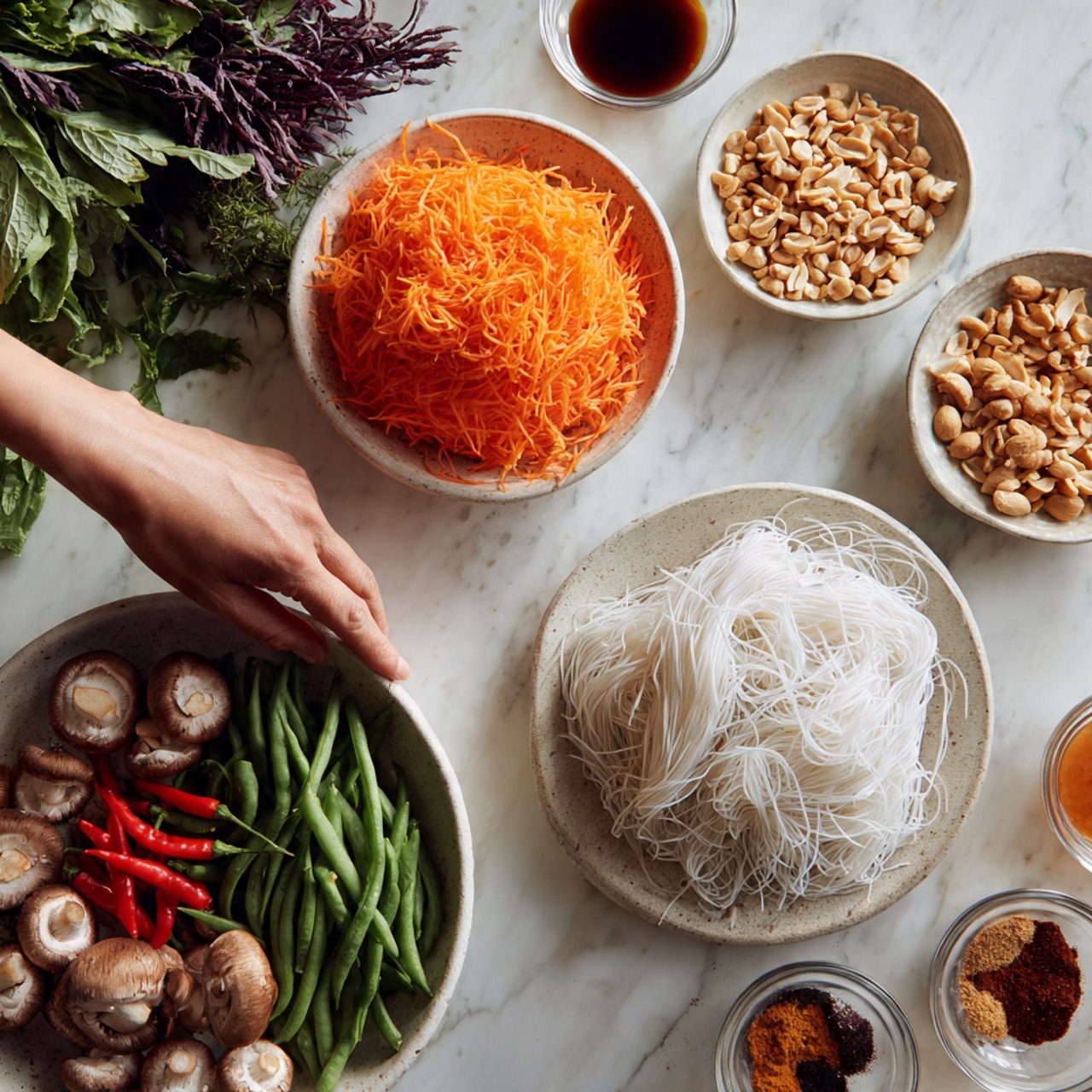 The image shows several white bowls and plates arranged on a white marbled surface. In the top left, a white bowl is filled with thin orange shredded carrots. Next to it, a small white bowl contains crushed beige peanuts. Below, a round white plate holds a bundle of thin white rice noodles. To the bottom left, a white bowl contains fresh green vegetables like green beans, whole red chili peppers, and several whole brown mushrooms. Around these main bowls, there are smaller clear glass bowls containing different brown powdered spices and a dark liquid sauce. At the top left corner, a bunch of green and purple leafy herbs is placed on the surface. A woman's hand is positioned near the bowls, gently touching the edge of the noodle plate. The entire setup appears fresh and ready for cooking or serving, with bright, natural lighting. photo taken with an iphone --ar 4:5 --v 7