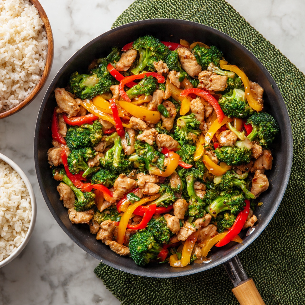 The image shows a black pan filled with a colorful stir-fry dish. The bottom layer has small pieces of cooked light brown chicken mixed with bright green broccoli florets. Red and yellow bell pepper strips are spread evenly throughout, adding vibrant color. The ingredients look slightly glossy and moist from a savory sauce. Around the pan is a green woven cloth on a white marbled surface. On the top left, there is a white bowl filled with cooked rice. The photo taken with an iphone --ar 4:5 --v 7