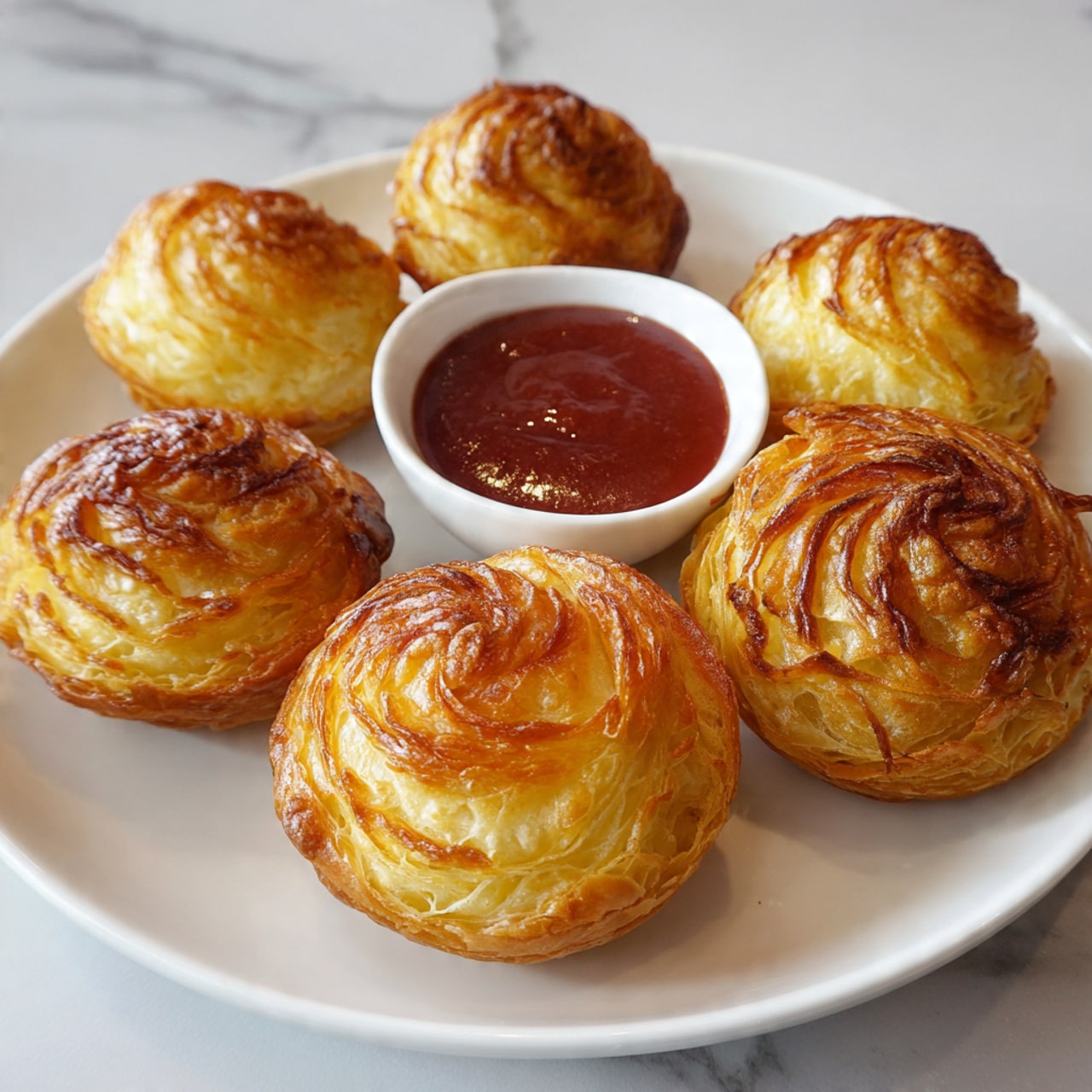 The image shows six golden, round pastries with many thin, crispy layers on a white plate. The pastries have a slightly shiny, smooth surface with a swirl pattern on top. In the middle right of the plate is a small white bowl filled with thick red sauce. The plate is on a white marbled surface. Photo taken with an iphone --ar 4:5 --v 7