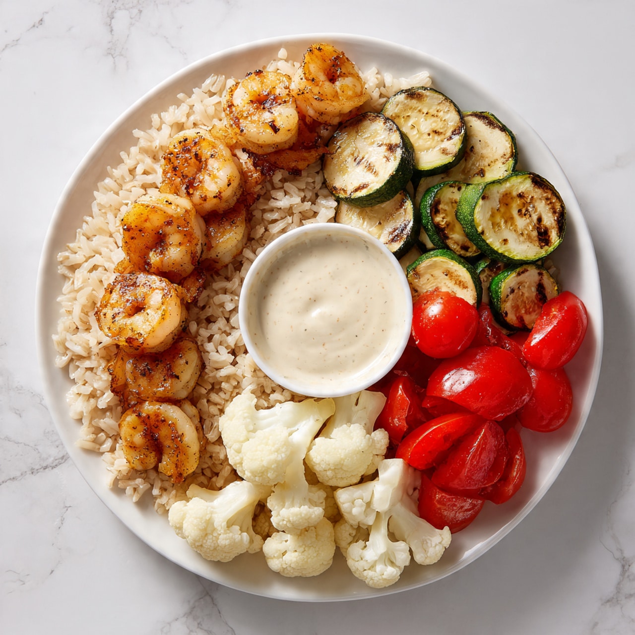 A white plate holds a layer of light brown rice spread evenly on the bottom. On top and to the left, there is a row of golden-brown cooked shrimp with a slight shine. To the right of the shrimp, grilled vegetables are arranged in small sections: sliced light green zucchini, white cauliflower pieces with slight charring, and bright red cherry tomatoes. In the center, a small round white cup with creamy white sauce is placed on the rice. The surface beneath the plate is white marble. Photo taken with an iphone --ar 4:5 --v 7