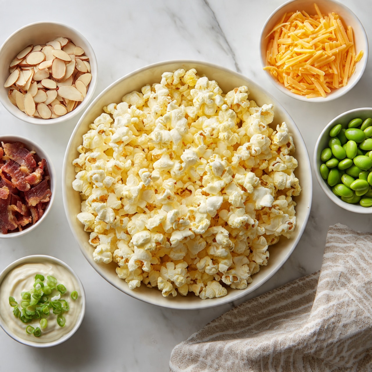 The image shows a large white bowl filled with fluffy yellow popcorn placed on a white marbled surface. Around it, there are six small white bowls arranged in a loose circle, each containing different ingredients: thin sliced light beige almonds, small brown bacon pieces, bright orange shredded cheese, creamy white sauce, green shelled edamame, and finely chopped pale green onions. A beige and white striped cloth napkin is partially visible in the bottom right corner. The overall look is bright with natural lighting. photo taken with an iphone --ar 4:5 --v 7