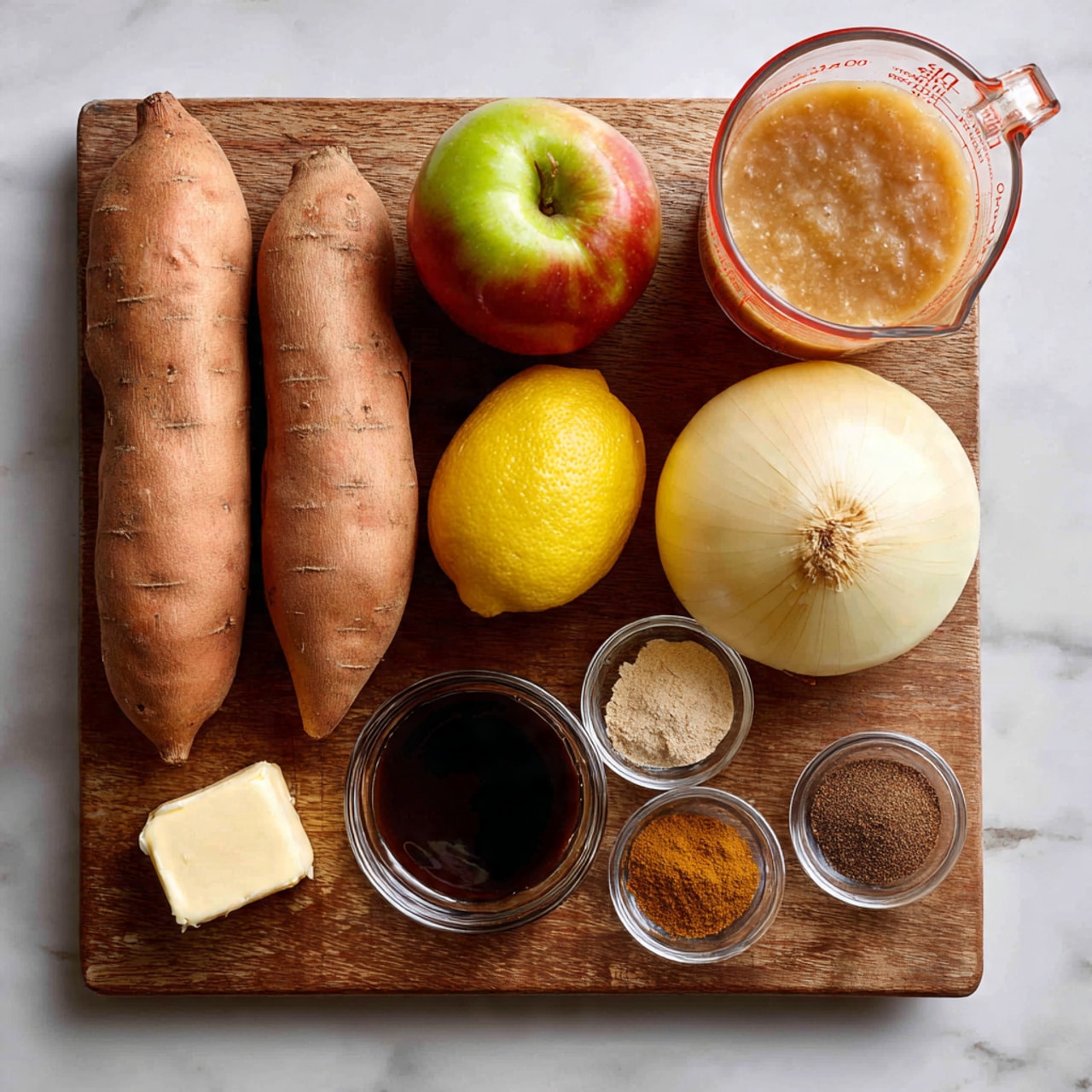 A wooden board holds a collection of raw ingredients including four light brown sweet potatoes arranged vertically on the left side, a green and red apple positioned near the bottom left, and a whole yellow lemon placed just right of the apple. To the right of the lemon, there is a large whole onion with pale yellow and white skin sitting close to the center of the board. Near the bottom edge, a small piece of butter lies on the left side, followed by a small glass bowl filled with a dark brown liquid next to it. Two more small glass bowls containing brown spices are lined up beside the dark liquid, one with a slightly lighter textured powder and the other darker and smoother. On the top right corner of the board, a large Pyrex measuring cup with clear glass holds a light brown liquid. The entire scene is set on a white marbled surface. photo taken with an iphone --ar 4:5 --v 7