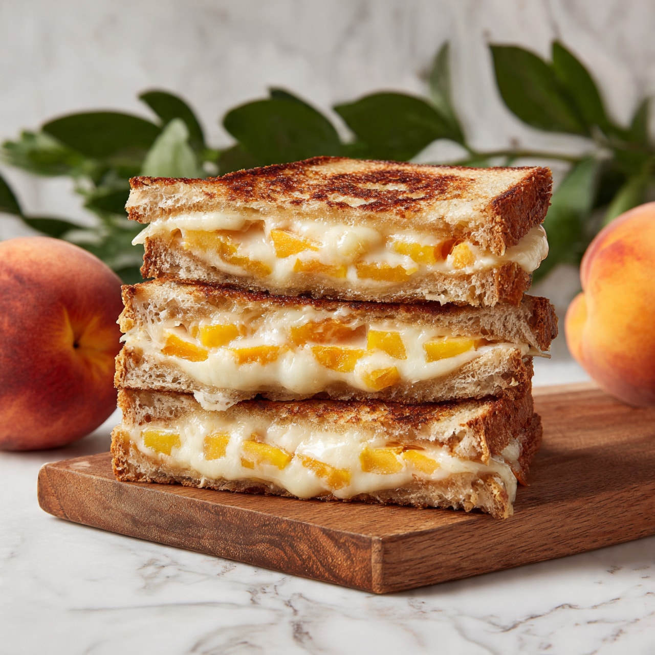 The image shows a sandwich with three layers of toasted golden brown bread, each layer filled with melted cheese mixed with chunks of orange-yellow fruit, likely peaches. The texture of the bread looks crispy with some dark toasted spots, while the cheese appears soft and creamy, stretching slightly between the layers. The sandwich is placed on a small wooden board set on a white marbled surface. In the background, two whole peaches and some green leaves add color and freshness to the scene. Photo taken with an iphone --ar 4:5 --v 7