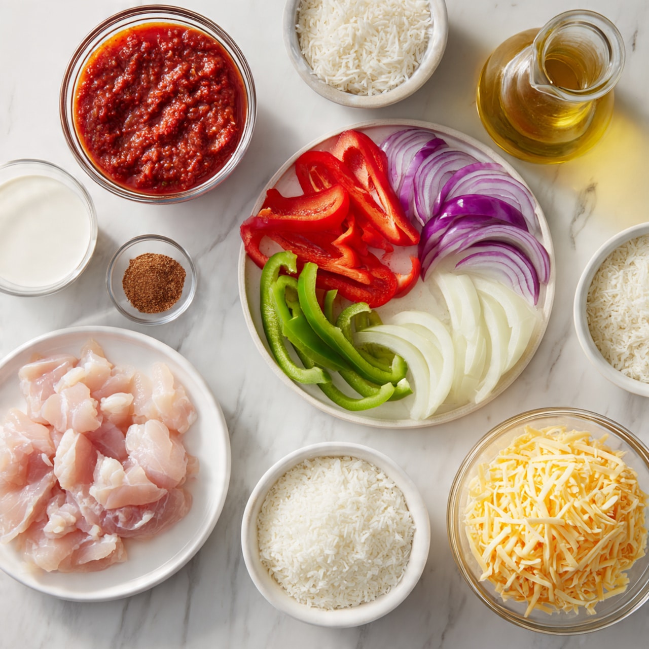 The image shows several white bowls and plates arranged on a white marbled surface. In the bottom left, thin slices of raw pale pink chicken are placed on a white plate. Above it, a small clear bowl holds a brown powdered spice. Next to it, there is a taller clear glass filled with red salsa, which looks thick with chunks. Above that, a round white plate contains three groups of sliced vegetables: bright red bell peppers on the left, light green bell peppers in the center, and purple onions on the right. To the right side of the image, there is a clear bowl filled with shredded yellow and white cheese. Below this bowl, another clear bowl is filled with fluffy white rice. Near the center, there is a small clear bowl with white sour cream. A clear bottle with a golden yellow liquid, likely oil, stands at the top right. The scene is bright and neatly organized, photo taken with an iphone --ar 4:5 --v 7