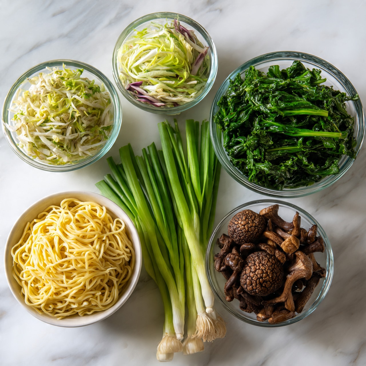 The image shows five glass bowls arranged on a white marbled surface. The largest bowl on the top right is filled with bright green leafy vegetables with long stalks. In front of it to the right, a smaller bowl holds thick brown mushrooms with a rough texture. To the bottom left, there is a large white bowl full of light yellow thin noodles that have a smooth and slightly shiny surface. Behind the noodles to the top left, a medium glass bowl contains a mix of white and light green shredded vegetables with some small purple pieces. On the white marble surface in the center, a bunch of fresh, long green onions with white bases lays across the bowls. Photo taken with an iphone --ar 4:5 --v 7