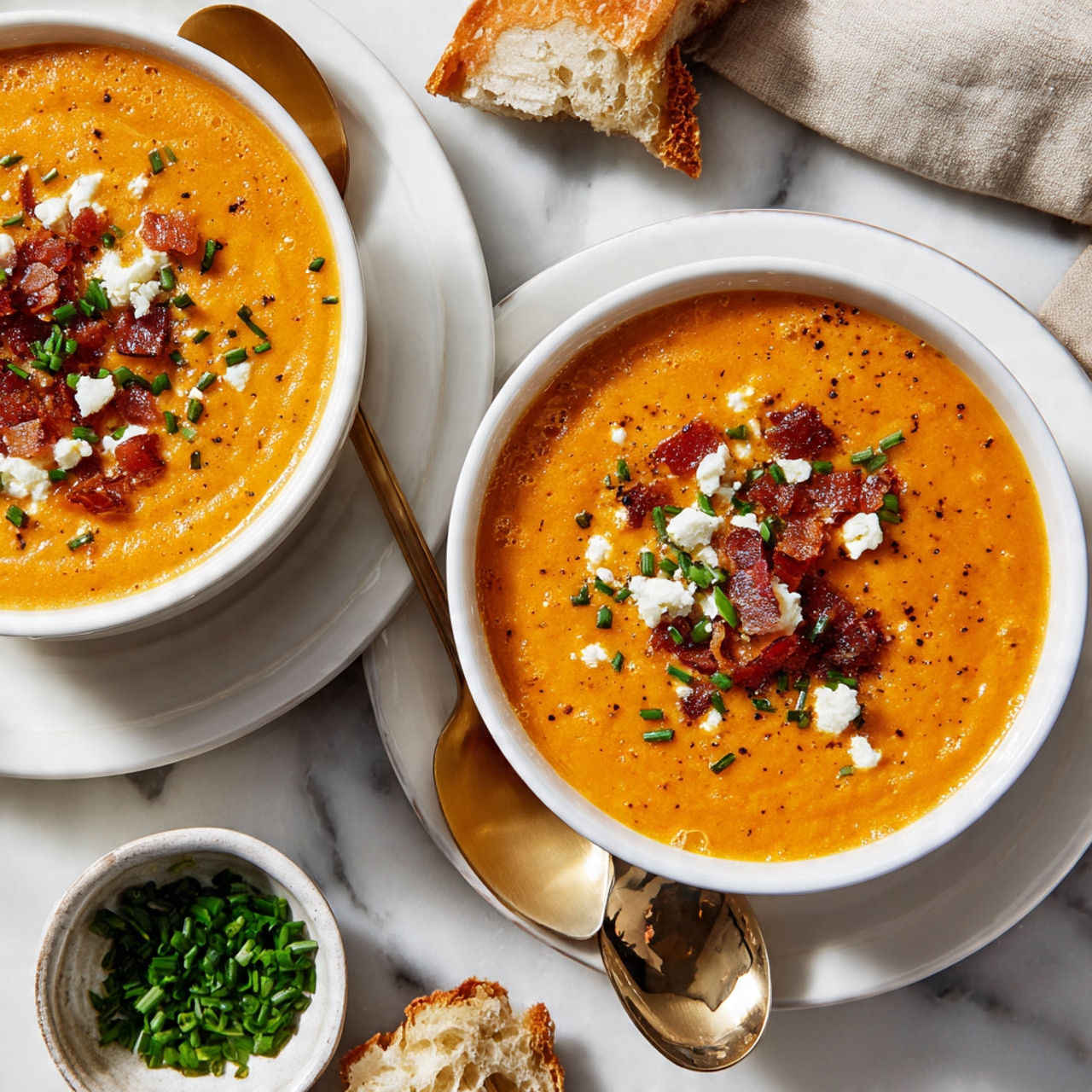 Two bowls filled with smooth, thick orange soup are shown on a white marbled surface. Each bowl is white and placed on a white plate. The soup is topped with small pieces of crispy browned bacon, white crumbled cheese, and chopped green chives. One bowl has a silver spoon, partially dipped in the soup. Around the bowls, there are pieces of torn crusty bread and a small white bowl filled with more chopped green chives. A golden spoon lies near the top left side of the image. The overall feel is warm and cozy. photo taken with an iphone --ar 4:5 --v 7