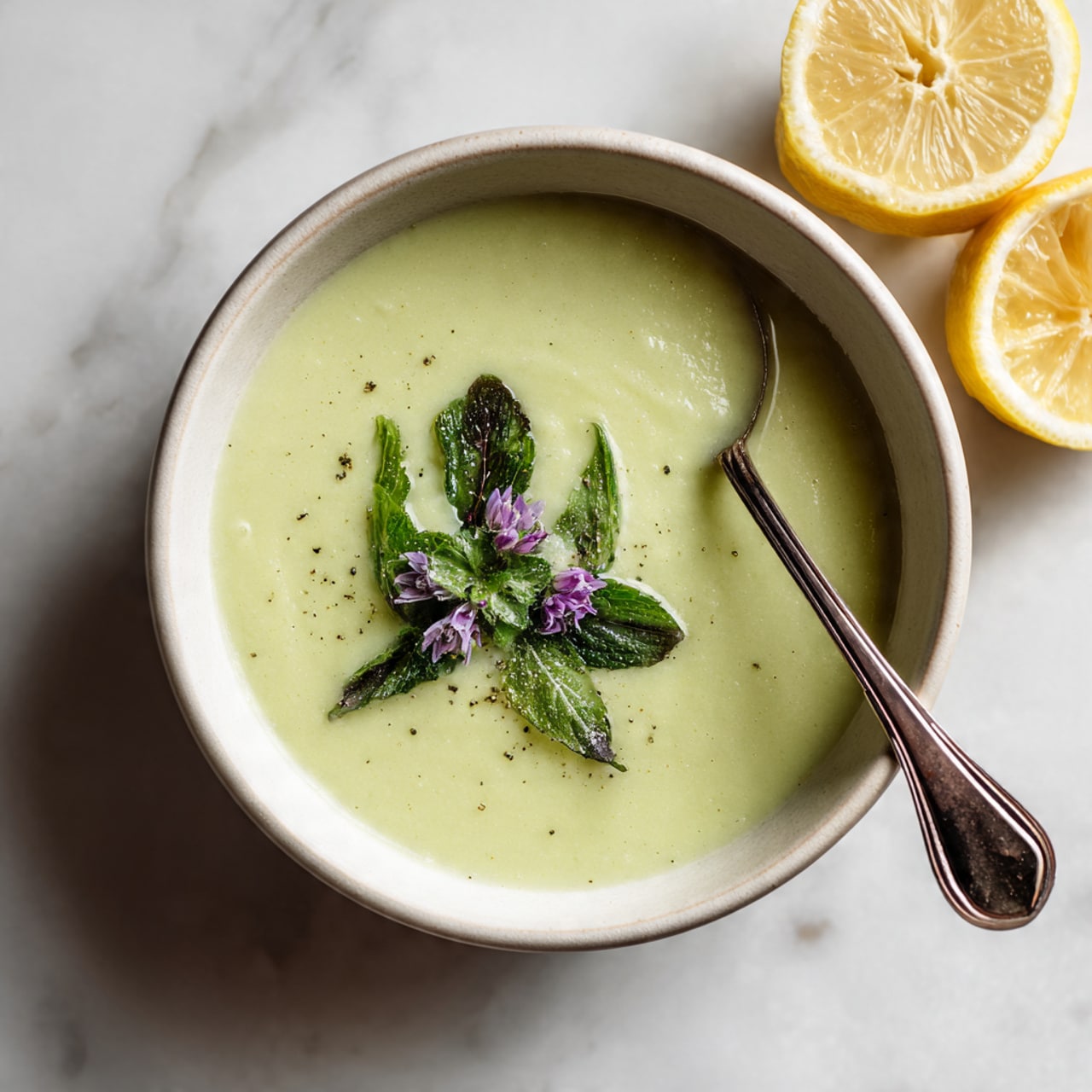 A white bowl filled with creamy light green soup sits on a white marbled surface. The soup looks smooth and thick, topped with small green leaves and two small purple flowers in the center. A silver spoon rests inside the bowl, its handle leaning on the bowl's edge. Next to the bowl is a half yellow lemon with visible seeds and texture. The lighting is soft and natural. photo taken with an iphone --ar 4:5 --v 7