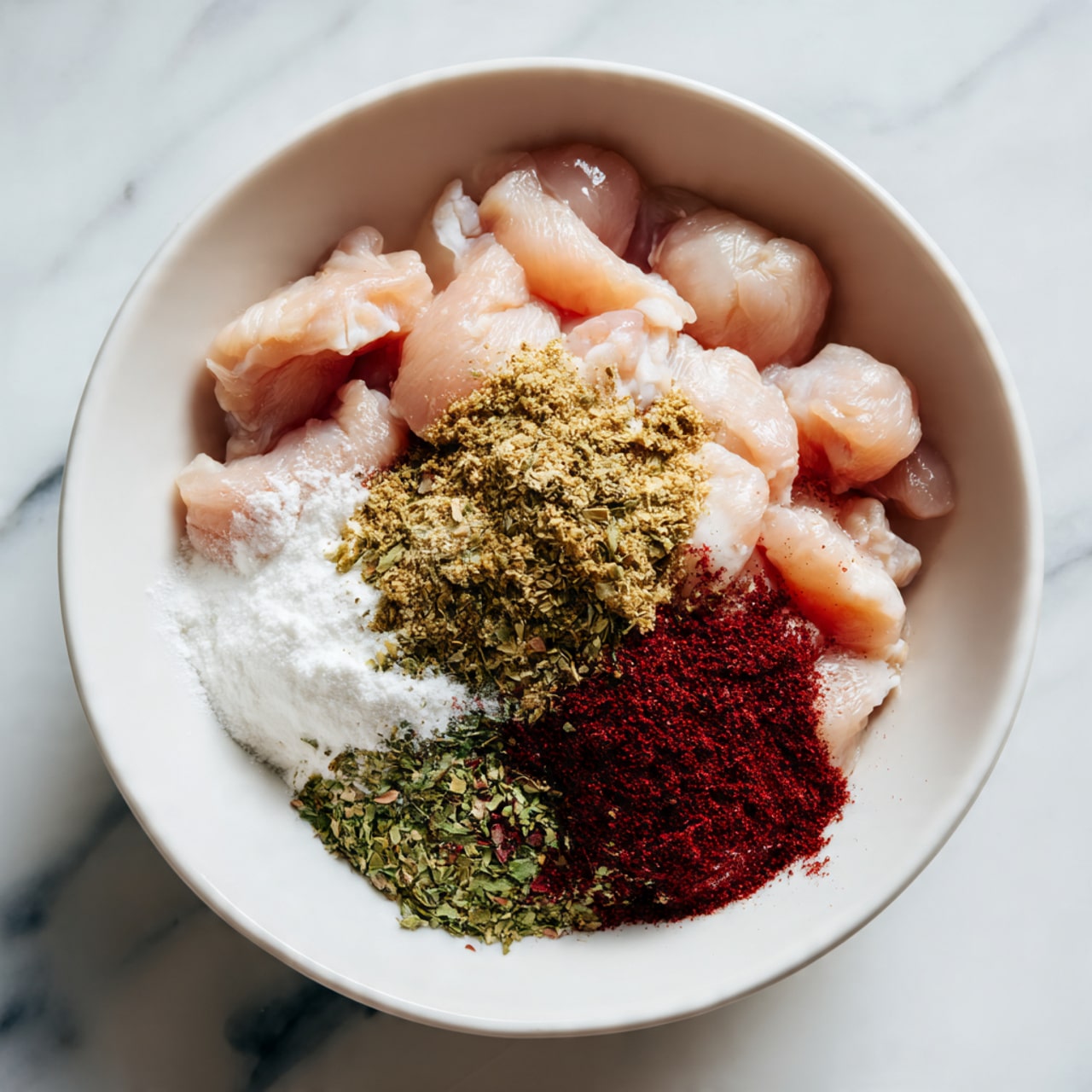 The image shows a white bowl filled with small pieces of raw chicken placed on a white marbled surface. The chicken pieces are pale pink, scattered evenly in the bowl. On top of the chicken, there are several piles of different spices: a dark red spice on the top right, a green herb mix on the left center, and two white powdered spices, one on the bottom left and a small pile near the center. The bowl and spices are clearly visible, and the image has natural light, showing all colors vividly. Photo taken with an iphone --ar 4:5 --v 7