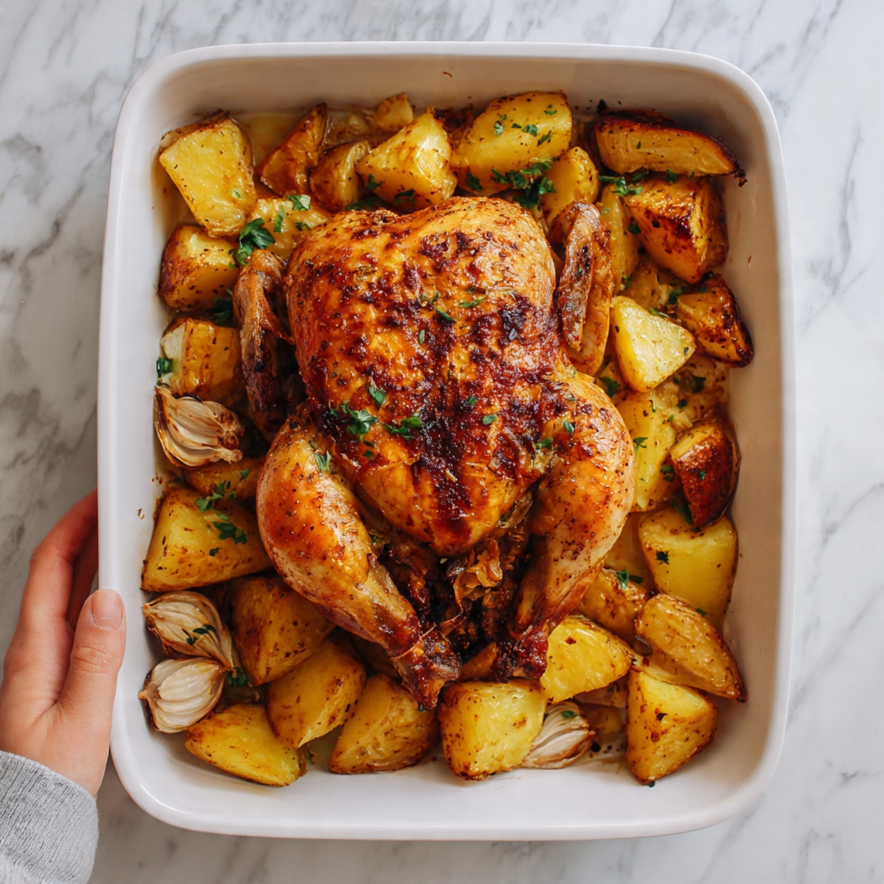 A whole roasted chicken with golden-brown skin sits in the center of a white rectangular baking dish. Surrounding the chicken are several large chunks of roasted potatoes that have a crispy yellow-brown texture, with some pieces showing darker caramelized edges. There are also light brown roasted garlic cloves tucked among the potatoes. The dish is placed on a white marbled surface, and a woman's hand holding the edge of the baking dish is visible on the left side of the image. photo taken with an iphone --ar 4:5 --v 7