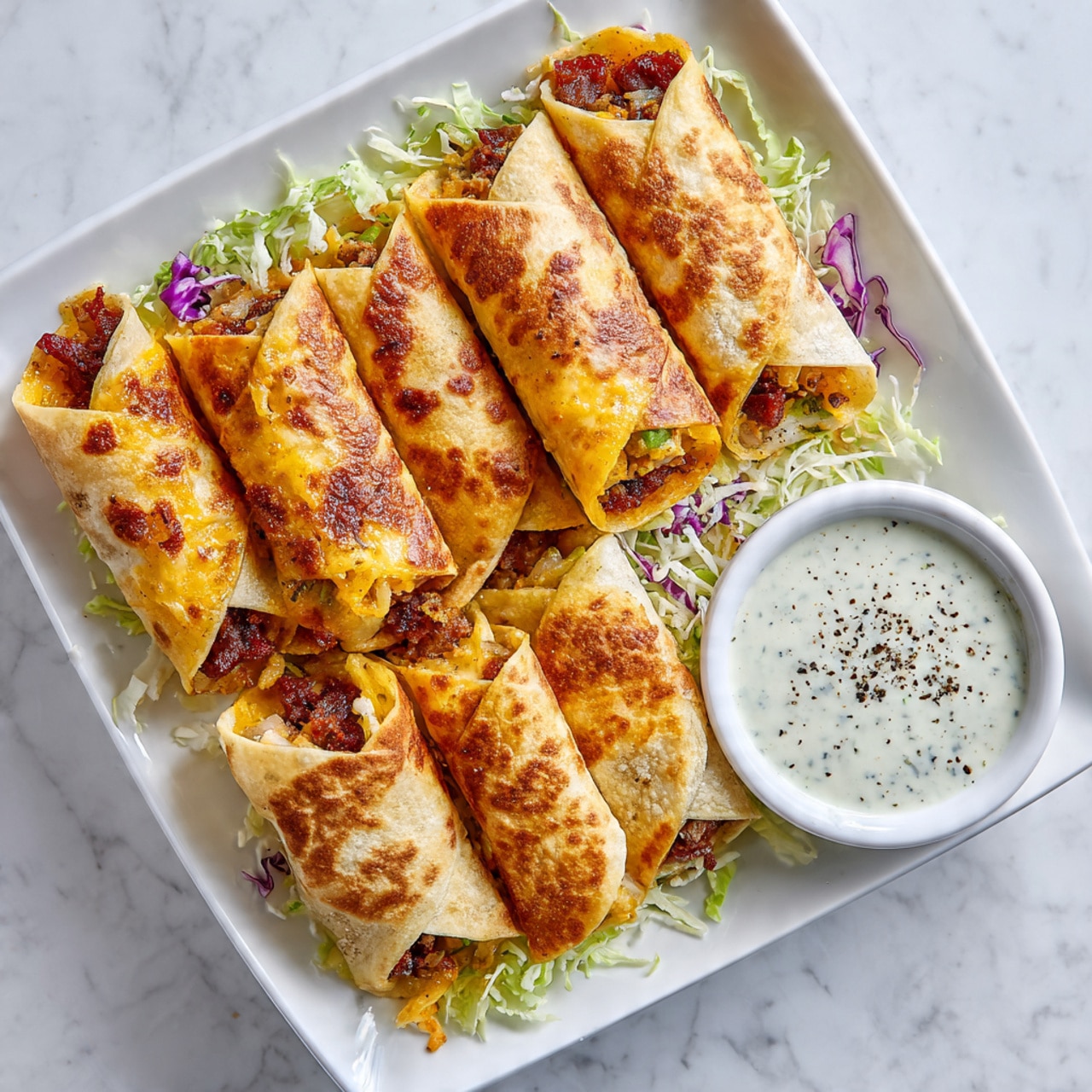 The image shows a white square plate filled with six rolled tortillas stacked closely together. Each tortilla is golden-brown on the outside with visible patches of light and darker toasted areas. Inside, the fillings include small bits of dark reddish-brown meat and melted yellow cheese peeking out from the open ends. The plate is lined with shredded light green and purple cabbage underneath the rolled tortillas, adding a fresh touch. On the right side of the plate, there is a small white bowl filled with a creamy white sauce, lightly speckled with black pepper. The entire setting is on a white marbled surface. Photo taken with an iphone --ar 4:5 --v 7