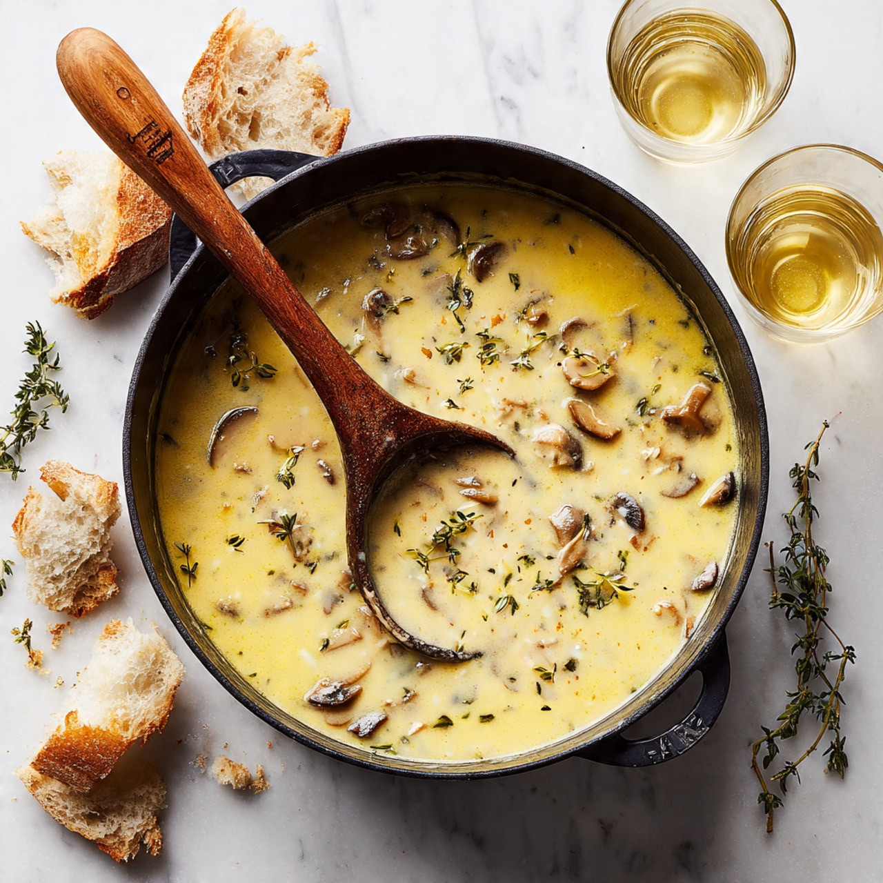 A black pot filled with creamy, light yellow soup containing visible small pieces of mushrooms and herbs. A wooden spoon with a rounded edge rests inside the soup, partially submerged with some cream on it and tiny herb sprigs floating around. Around the pot, there are pieces of torn bread and sprigs of fresh thyme placed on a white marbled surface. Two small clear glass cups filled with a pale yellow liquid sit near the top right of the pot. The scene is softly lit, showing natural textures and gentle shadows. photo taken with an iphone --ar 4:5 --v 7
