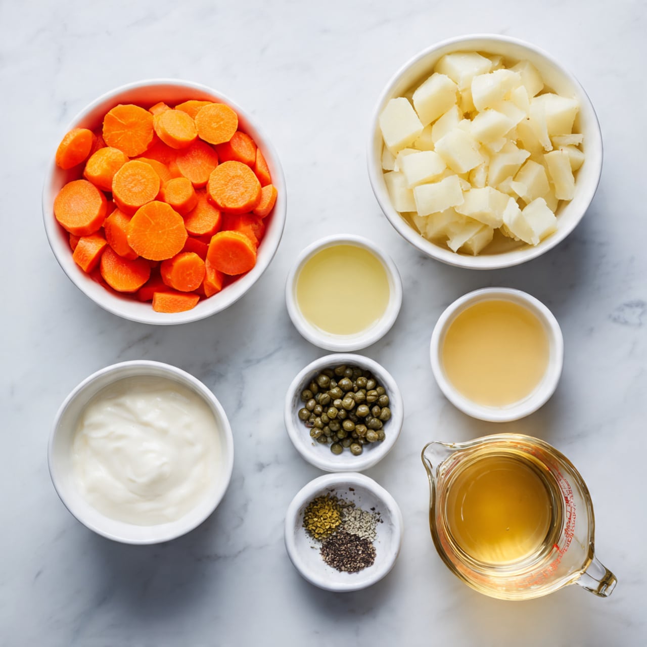 The image shows eight small white bowls and a clear glass measuring cup arranged neatly on a white marbled surface. In the top left, a white bowl is filled with bright orange sliced carrots. Below it, another white bowl contains diced pale yellow potatoes. In the center bottom, a white bowl holds smooth white yogurt or cream. To the right of the carrots, there are five small bowls creating a loose square shape: the top center bowl has a pale yellow liquid, the top right holds light yellow minced garlic, the middle center contains green capers, the middle right has black pepper, and lastly, the clear glass measuring cup on the bottom right is filled with light golden broth or stock. The clean white marbled surface contrasts the vibrant colors, and the photo looks bright and clear. photo taken with an iphone --ar 4:5 --v 7