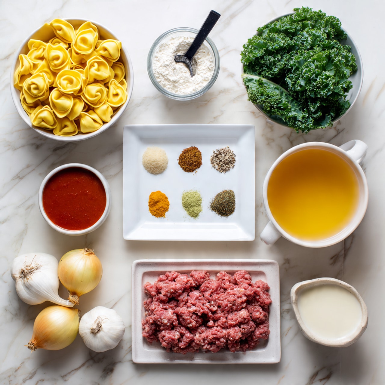The image shows a white marbled surface with various cooking ingredients neatly arranged. There are eight main items: a bowl of yellow tortellini at the bottom left, a rectangle tray with raw ground meat speckled with black pepper on the bottom right, a large white bowl filled with clear golden broth on the right side, a bowl of fresh green leafy kale at the top left, a small white round bowl with white flour and a black measuring spoon inside at the top center, a white square plate near the center left holding six different spices in small piles with colors like green, red, white, brown, yellow, and orange, a small white cup with red sauce on the bottom left, and a white bowl with a creamy white liquid near the center bottom. Two whole onions and a garlic bulb are positioned on the upper right corner of the image. The setup is clean and bright with no other objects in the frame photo taken with an iphone --ar 4:5 --v 7