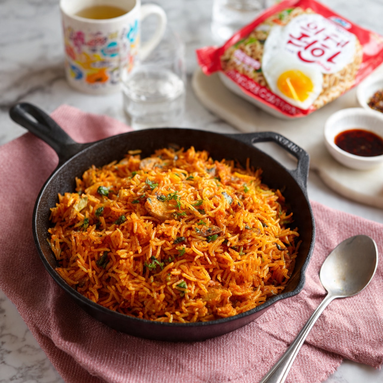 A black cast iron skillet filled with a bright orange rice dish mixed with small green herbs and bits of cooked egg sits on a white marbled surface. Next to the skillet is a silver spoon and a clear glass of water. Behind the skillet, there is a white cup with colorful illustrations and text alongside a matching white instant noodle packet with red and yellow accents. A small white bowl with a spoon’s edge is visible in the background, and a small dish with dark sauce is placed nearby. The overall color contrasts sharply with a pink textured cloth underneath all the items. Photo taken with an iphone --ar 4:5 --v 7