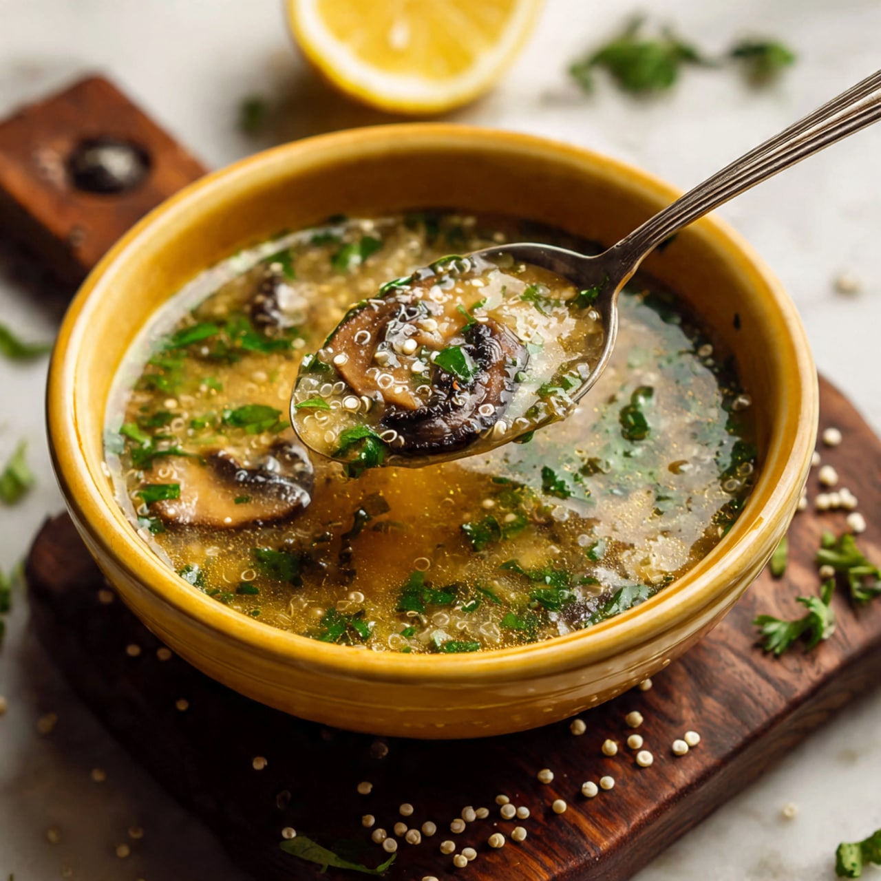 A close-up image of a yellow soup bowl filled with a clear broth soup containing visible small white quinoa grains and dark pieces of mushrooms, along with green herbs adding texture and color. A silver spoon is dipped into the soup, holding a portion showing the soup’s watery texture mixed with small quinoa and mushroom chunks. The bowl sits on a dark wooden board placed over a white marbled surface with scattered quinoa grains around, and a lemon wedge and green herb sprigs are in the blurry background. photo taken with an iphone --ar 4:5 --v 7