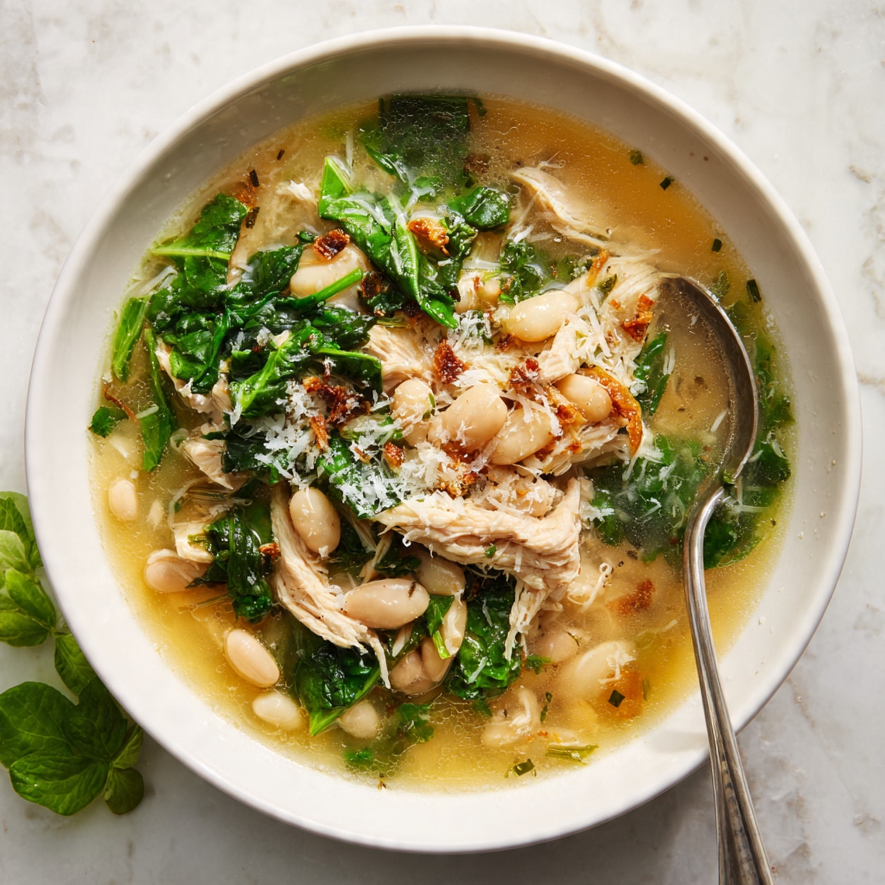 The image shows a white bowl filled with a soup that has three main layers: the bottom layer is a light yellow broth, clear and slightly oily; the middle layer contains large white beans and pieces of cooked chicken with a soft texture, spread evenly; the top layer is bright green leafy vegetables, sprinkled with grated cheese and small crispy bits on top. A spoon rests inside the bowl, and the bowl sits on a white marbled surface with some greens placed near the edge. Photo taken with an iphone --ar 4:5 --v 7
