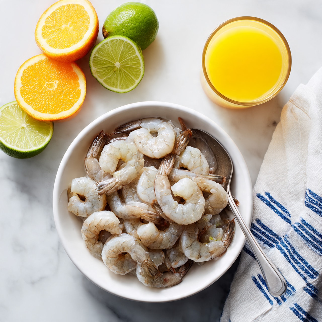 A white bowl filled with raw shrimp that are light gray with a slightly shiny texture, arranged loosely with some shrimp overlapping. On top of the shrimp, there is a silver spoon resting partially inside the bowl. Around the bowl on a white marbled surface, there are two halved bright green limes, some halved orange citrus fruits, and a glass of orange juice with a gradient from deep orange to light orange. A white towel with blue stripes is placed near the citrus fruits. Photo taken with an iphone --ar 4:5 --v 7