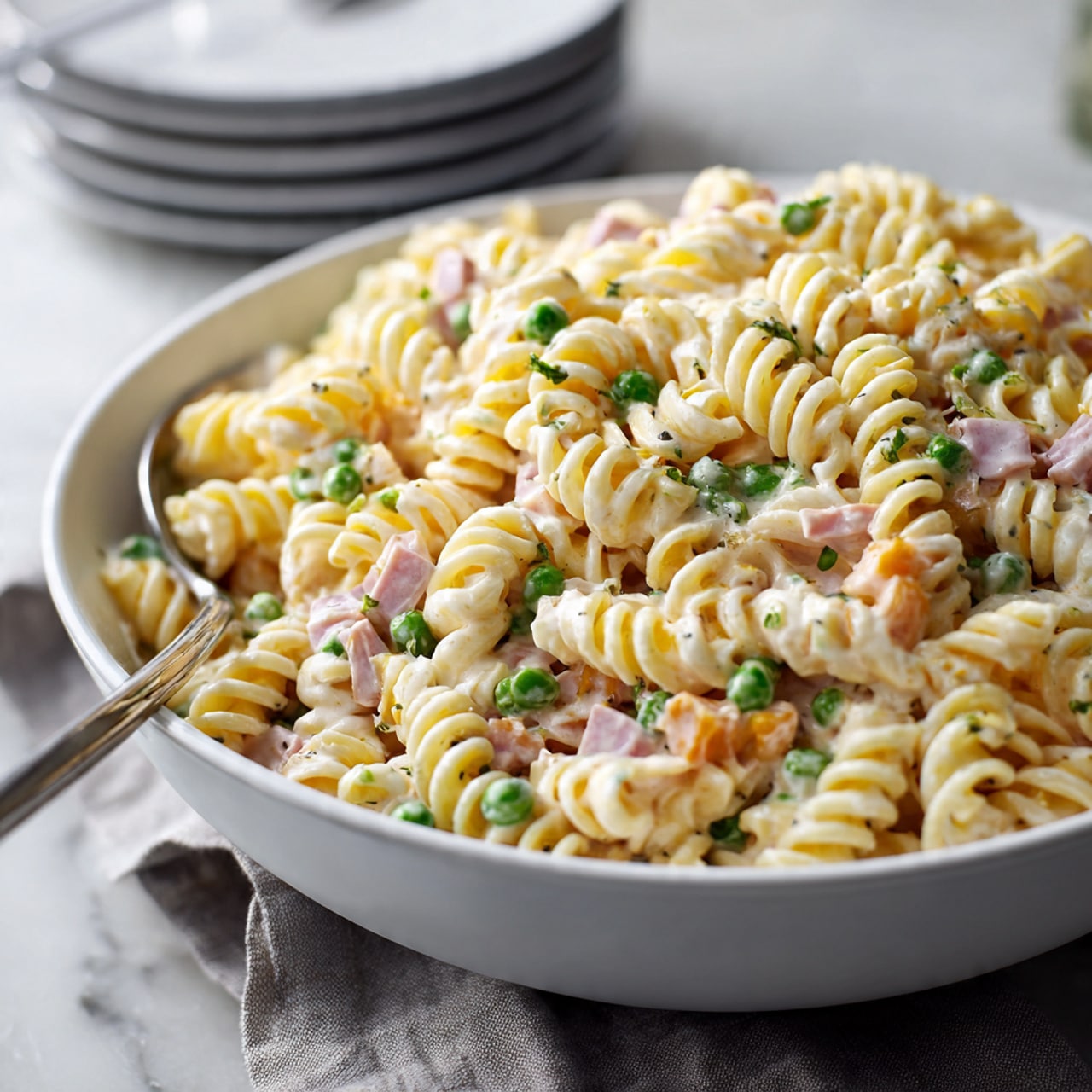 A large white bowl filled with creamy spiral pasta salad, showing thick, pale yellow pasta spirals layered with small green peas and pale orange chunks of cheese, along with thin, light pink strips of ham mixed throughout. The pasta glistens with a smooth, white sauce coating each piece. The bowl sits on a white marbled surface with a folded grayish cloth and stacked white plates blurred in the background. Photo taken with an iphone --ar 4:5 --v 7