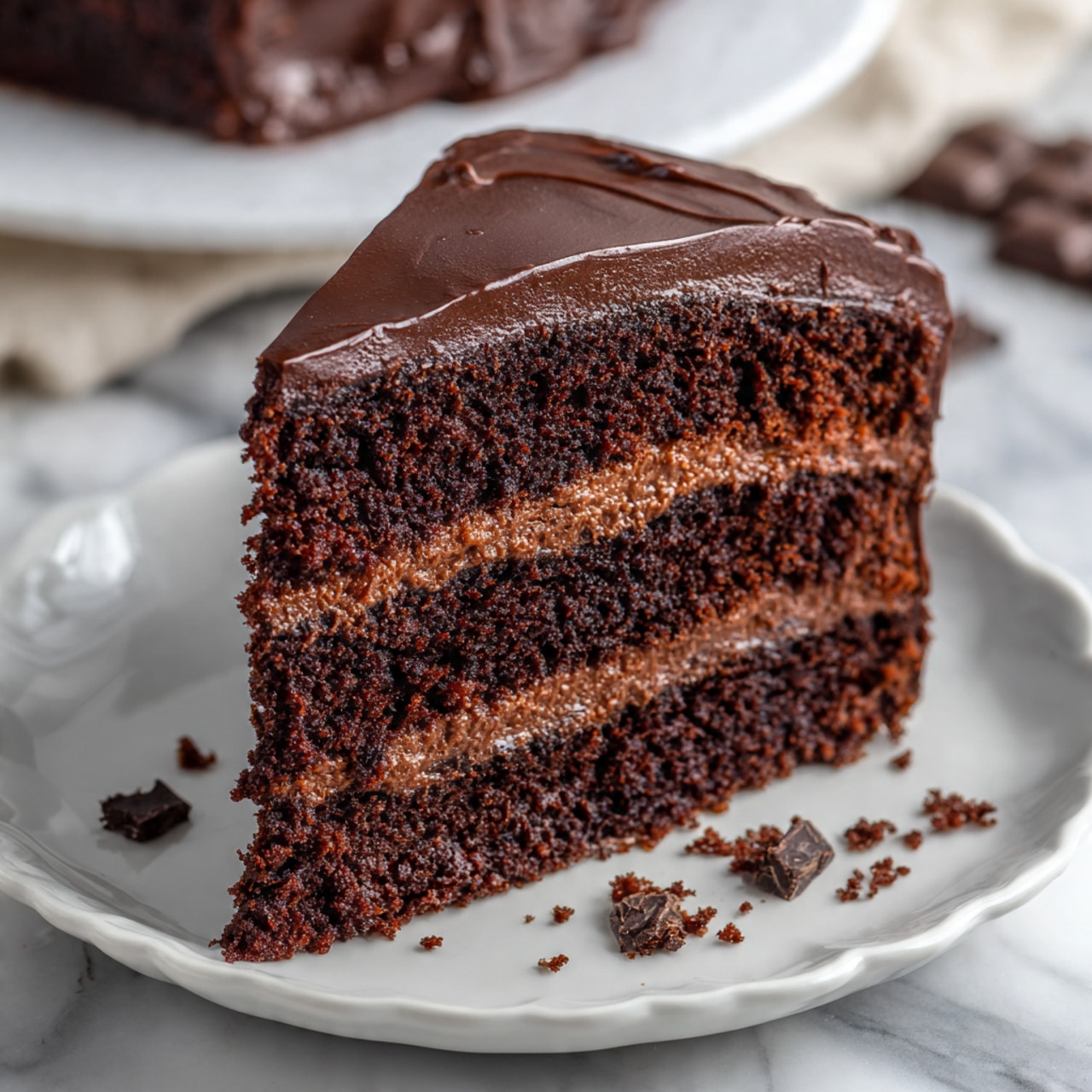 A slice of chocolate cake with three thick layers of dark brown, moist cake separated by two layers of smooth, lighter brown chocolate frosting, all covered by a shiny, dark chocolate frosting layer on top and sides. The slice sits on a white plate with a slightly scalloped edge, placed on a white marbled surface with small chocolate pieces scattered around. The texture of the cake looks soft and crumbly, while the frosting appears creamy and dense. Photo taken with an iphone --ar 4:5 --v 7