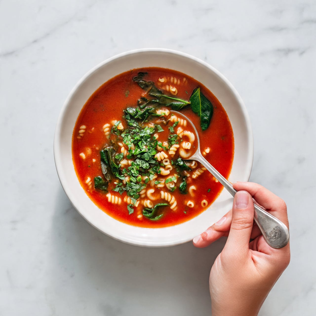 The image shows a white bowl filled with a bright red tomato soup, layered with small pasta pieces floating on top. Fresh green spinach leaves and chopped green herbs are scattered across the surface, providing contrast with the red broth. A silver spoon rests in the bowl, with a woman's hand gently holding it. The bowl sits on a white marbled surface, giving a clean and fresh look. Photo taken with an iphone --ar 4:5 --v 7