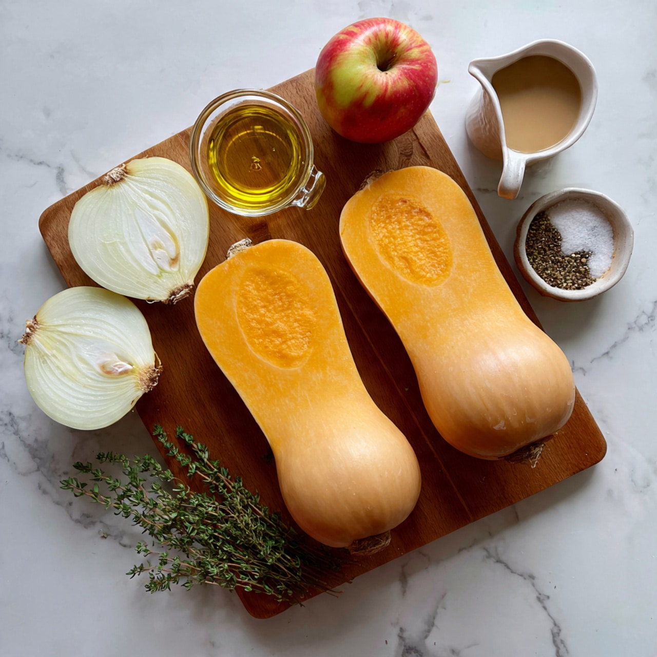 The image shows two halves of a bright orange butternut squash with smooth texture, placed on the right side of a wooden chopping board. To the left are two halves of a peeled onion with white and light yellow layers. Above the onion, there is a red and yellow apple with a smooth skin. Next to the apple, a small glass container holds golden-yellow oil and a small ceramic dish contains white salt and ground black pepper. Green thyme sprigs with small leaves lie between the onion and apple. On the far right edge of the board, a glass measuring cup filled with light brown liquid and a small white jug with creamy sauce are visible. The surface under the board is white marble. photo taken with an iphone --ar 4:5 --v 7