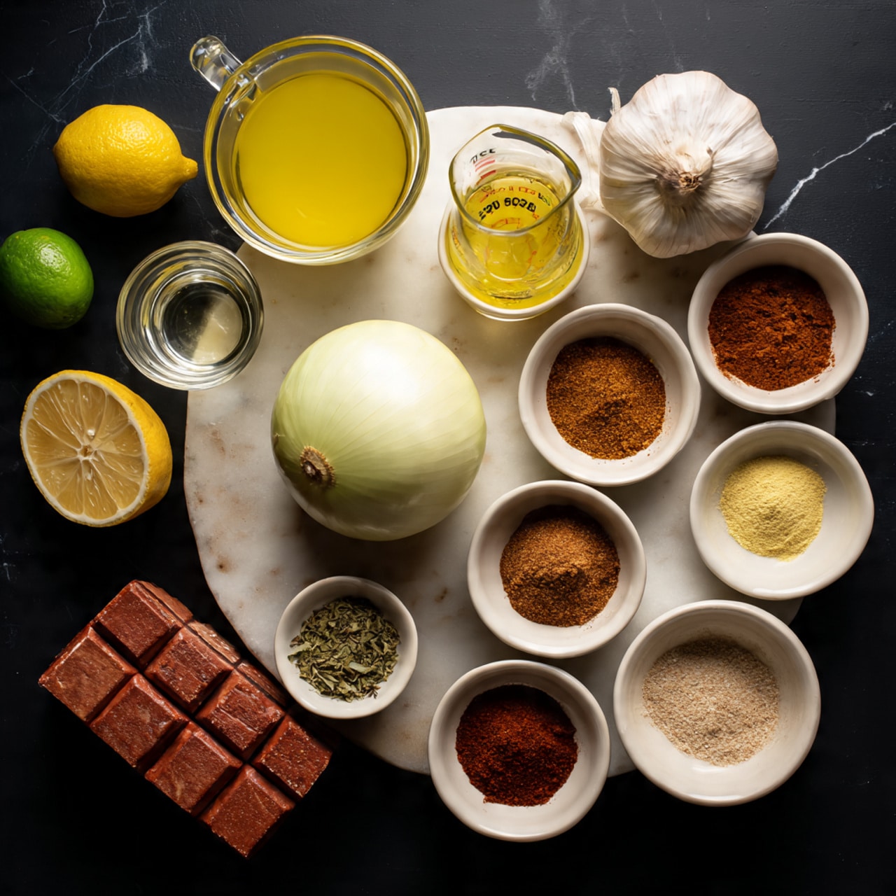 The image shows various cooking ingredients arranged on a dark surface. There is a whole white onion in the center, surrounded by small white bowls and cups holding different powders and spices in shades of brown, red, and yellow. A glass cup with a small amount of clear liquid is on the left, near a lemon and a lime. In the upper part of the image, there is a garlic bulb, a measuring glass with a yellow liquid, and a small bowl with greenish seasoning. A wrapped red brick-shaped item is placed below the onion. The surface is changed to a white marbled texture, and all bowls are white. Photo taken with an iphone --ar 4:5 --v 7