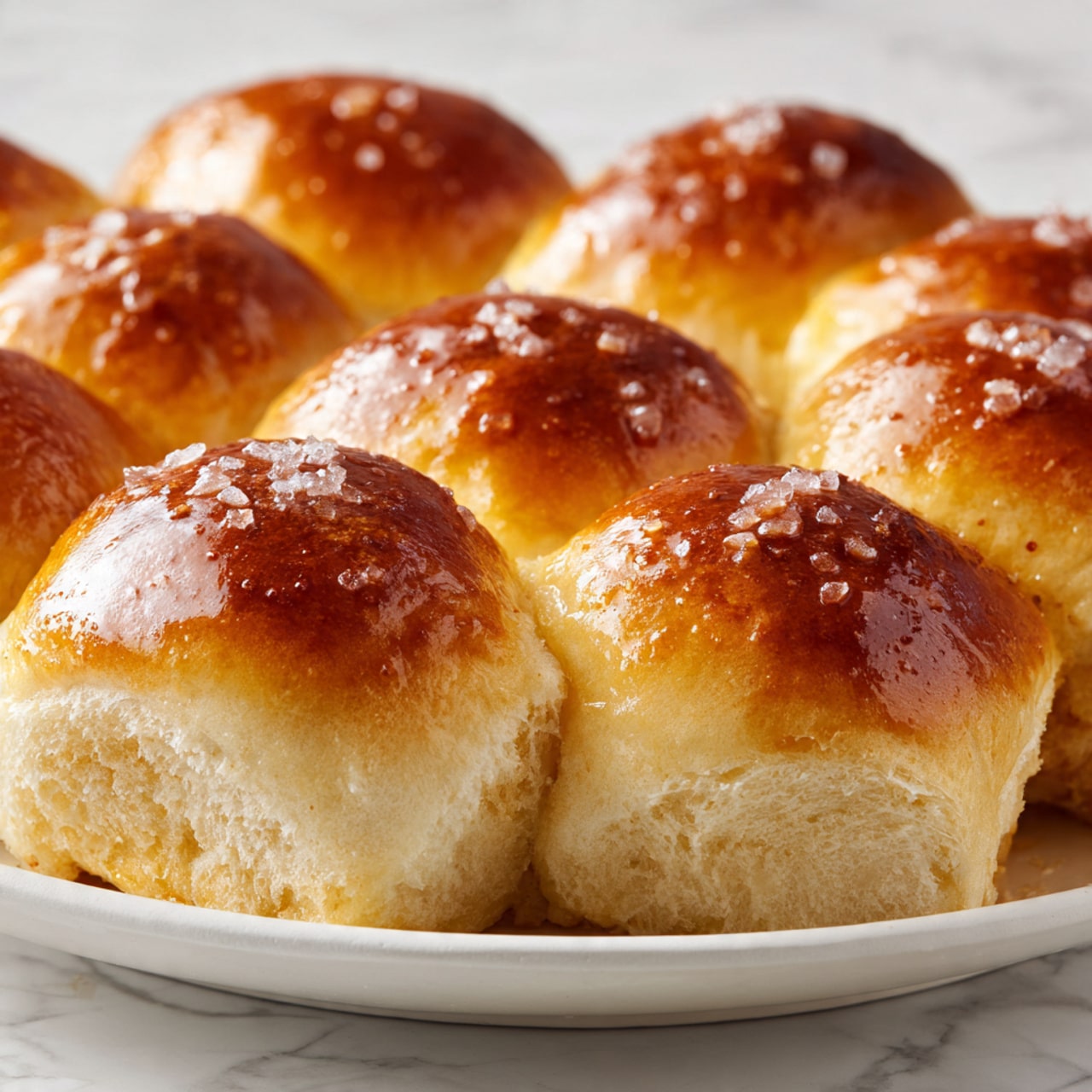 A close-up view of twenty soft, golden brown dinner rolls arranged tightly in a white plate, each roll showing a shiny, slightly textured top with bits of salt sprinkled lightly across. The rolls have a smooth, fluffy look with a warm, baked color gradient from light to darker golden brown on the top surface. The background is a white marbled texture. Photo taken with an iphone --ar 4:5 --v 7