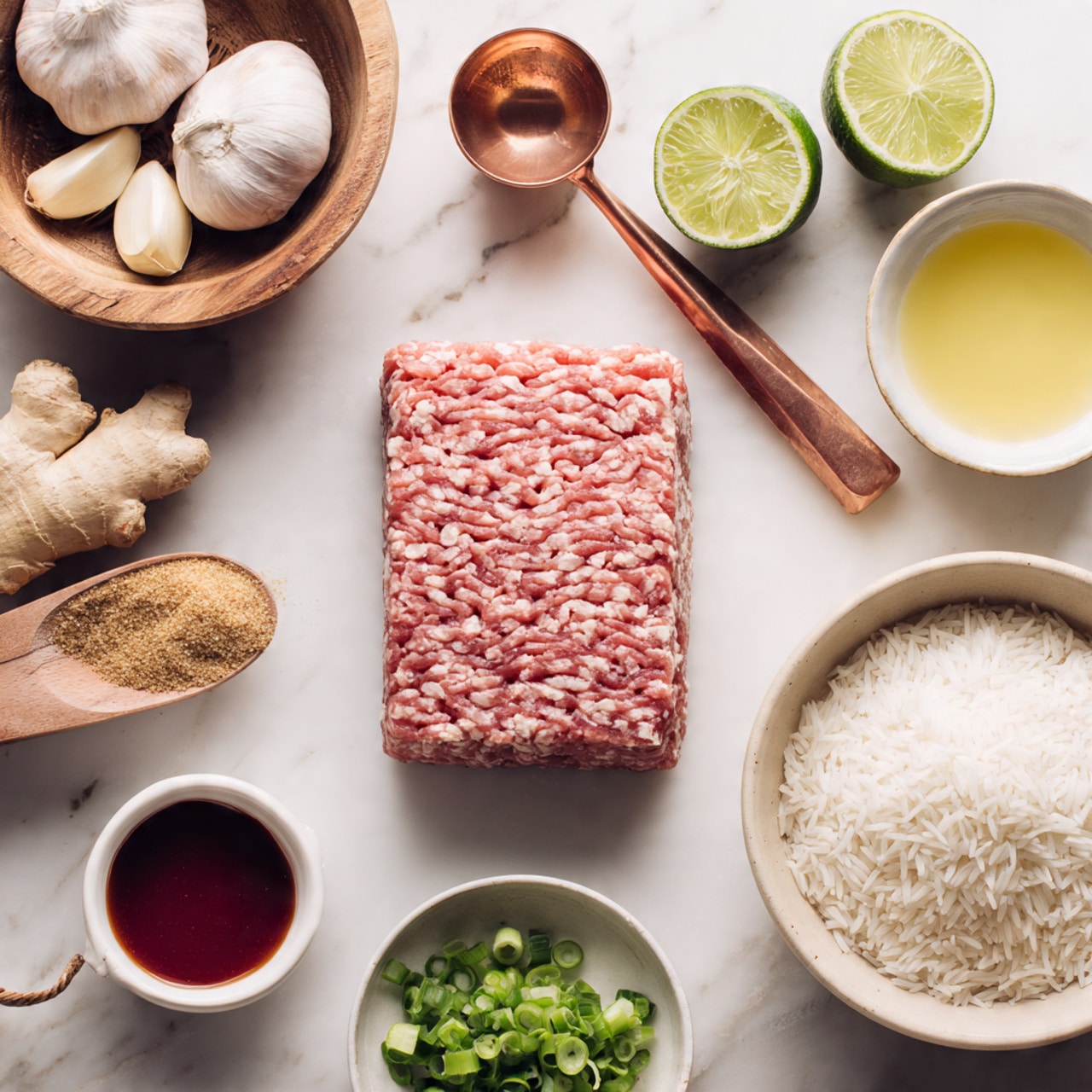 A white marbled surface holds a rectangular block of raw ground meat with a pink and white texture centered in the image. Surrounding it are small bowls and ingredients: to the top left is a wooden bowl with garlic cloves, below it a piece of ginger root with light brown skin and yellow inside, and a copper measuring cup filled with brown sugar. On the right side, there are two lime halves with bright green outer skin and pale green juicy inside near the top, a white bowl with red sauce, another white bowl with light yellow liquid, a white bowl filled with uncooked white rice with a small wooden spoon inside, and at the bottom right, a beige bowl containing chopped green onions in different shades of green. photo taken with an iphone --ar 4:5 --v 7