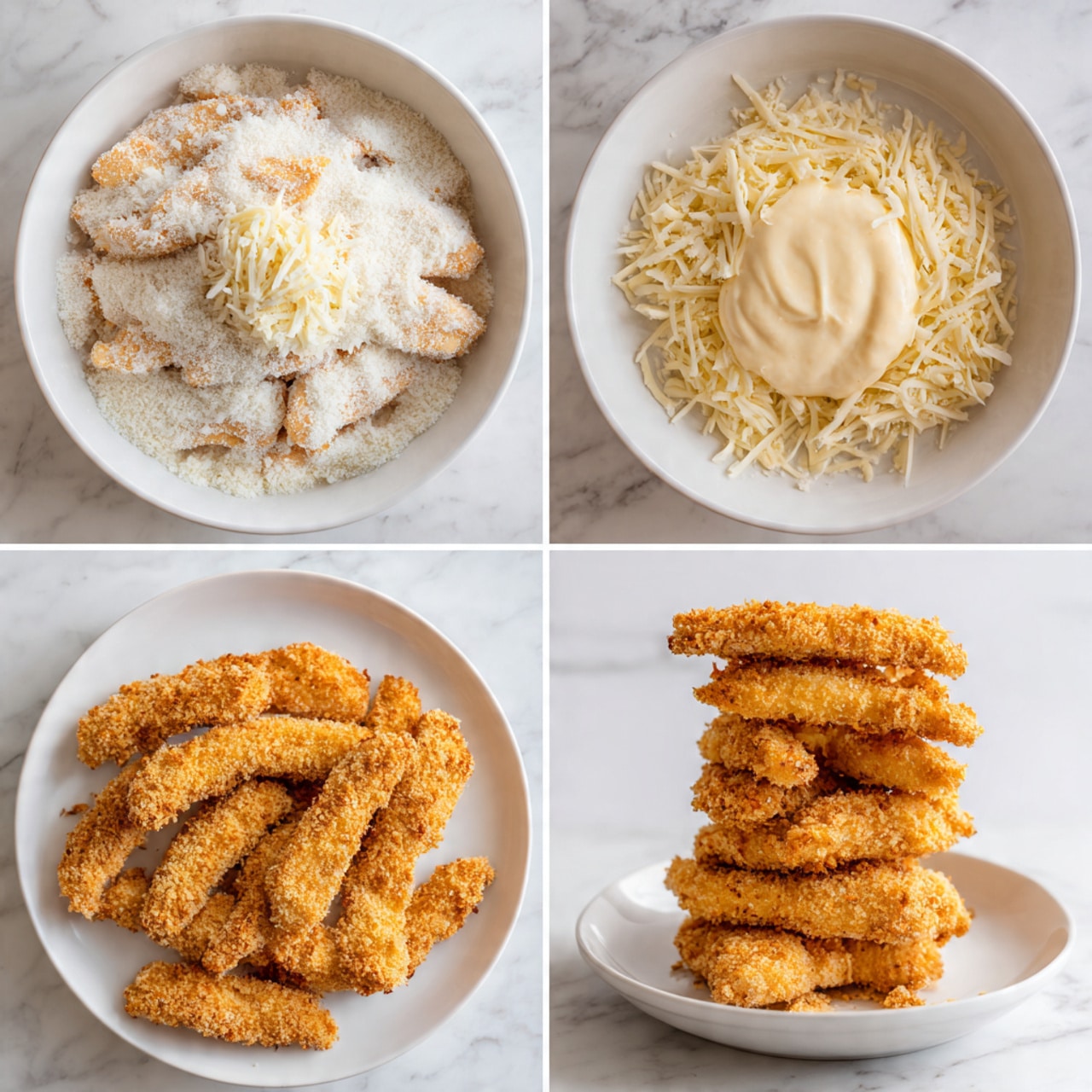 The image shows four stages of making breaded chicken strips. The first part is a white bowl filled with raw chicken strips covered with lots of white breadcrumbs. The second part is the same bowl where you can see raw chicken strips at the bottom, topped with grated white cheese and a dollop of creamy pale yellow sauce on top. The third part shows many breaded chicken strips lined up on a white plate; they have a light golden color with a rough texture. The last part is a tall stack of fried chicken strips on a white plate, golden brown and crispy looking with rough crunchy texture. The background is a white marbled surface throughout. Photo taken with an iphone --ar 4:5 --v 7