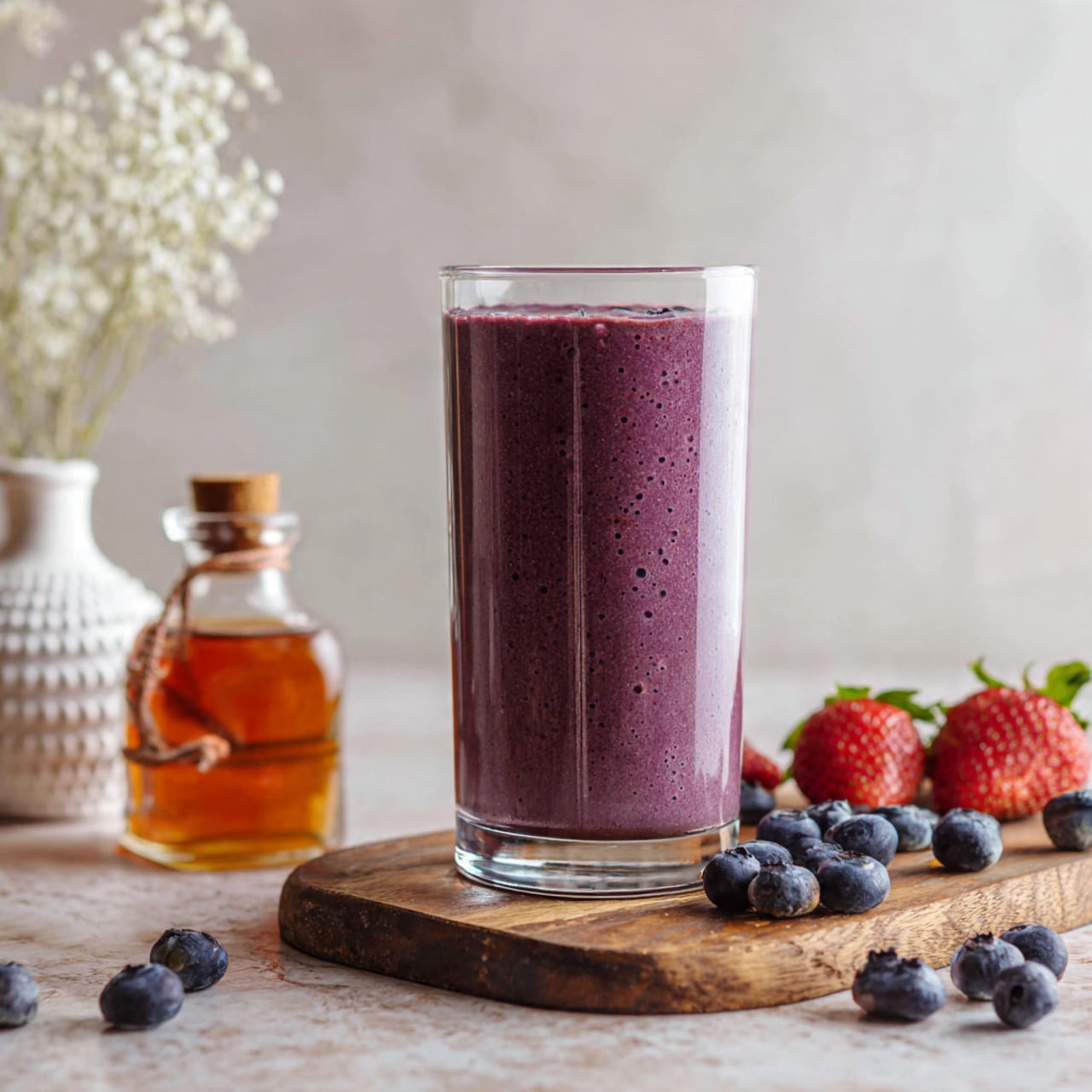 The image shows a tall clear glass filled with a thick purple smoothie, with small bubbles visible on the surface. The glass is on a wooden board with scattered fresh blueberries and strawberries around it. A bottle of vanilla extract lays on the board to the left, and a white round vase with beads is in the blurry background. The surface beneath everything has a white marbled texture. photo taken with an iphone --ar 4:5 --v 7