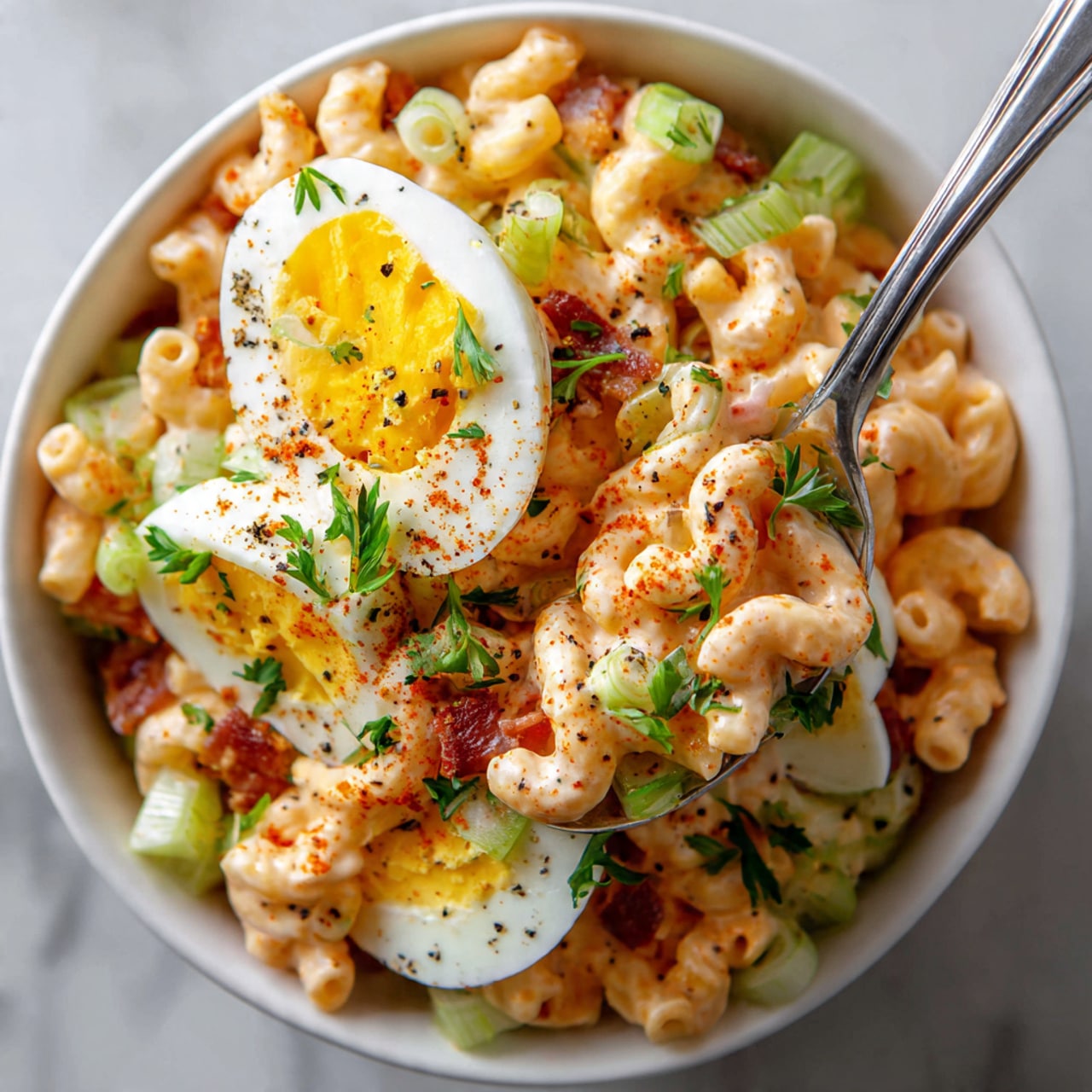 The dish is a close-up of a white bowl full of creamy macaroni salad. The macaroni noodles are coated in a light orange creamy sauce. Mixed in are chopped celery pieces, green onions, small bits of crispy bacon, and fresh parsley leaves adding green touches. On top, there are quartered hard-boiled eggs with bright yellow yolks and white edges, sprinkled with black pepper and paprika. A silver spoon is lifting a scooping portion showing layers of noodles, eggs, celery, bacon, and herbs all mixed together. The background is a white marbled surface. photo taken with an iphone --ar 4:5 --v 7