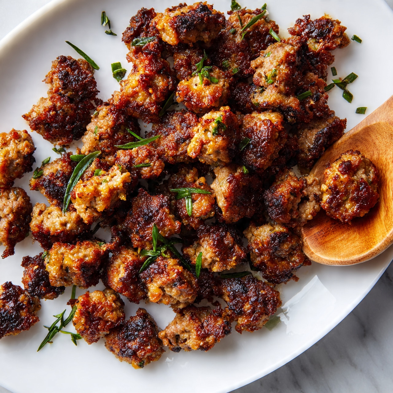 A close-up view of browned, crispy cooked ground meat pieces with a mix of golden brown and darker charred bits, scattered unevenly across a white plate. Small green herb pieces are sprinkled on top, adding a touch of color. A wooden spoon filled with the same browned meat rests on the plate, showing its coarse, crumbly texture and slight oil sheen. The white plate sits on a white marbled surface. photo taken with an iphone --ar 4:5 --v 7