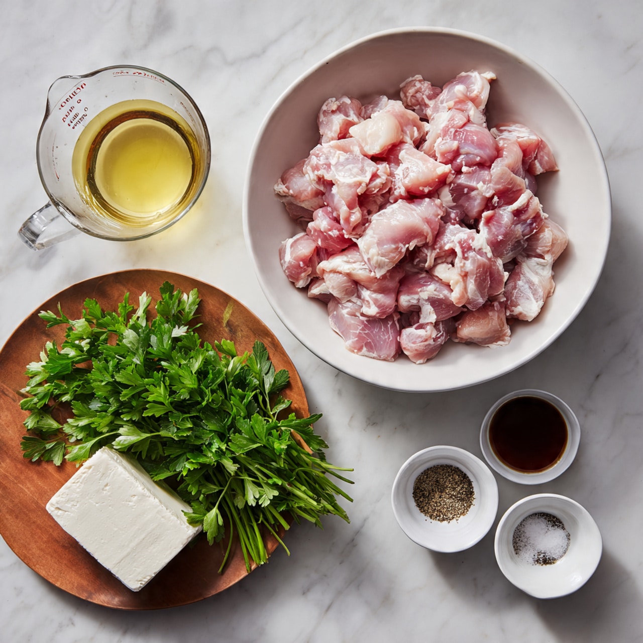 A white bowl filled with raw, pink chicken pieces sits on a white marbled surface. Next to it is a clear glass measuring cup with a light yellow liquid. On the surface below, a round wooden plate holds a bunch of fresh green parsley and a round piece of white cream cheese. Nearby, there are three small white bowls in a row: one contains salt and pepper, another holds a dark brown liquid, and the third is empty. Photo taken with an iphone --ar 4:5 --v 7