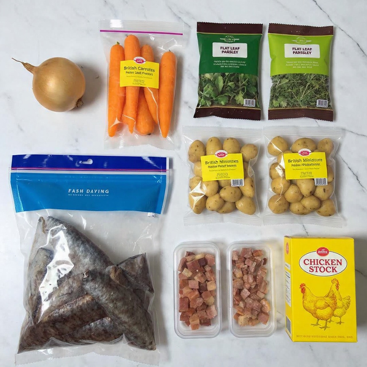 The image shows several food packages placed on a white marbled surface. At the top left, there is a whole round onion with light brown skin next to a clear plastic bag of bright orange carrots labeled
