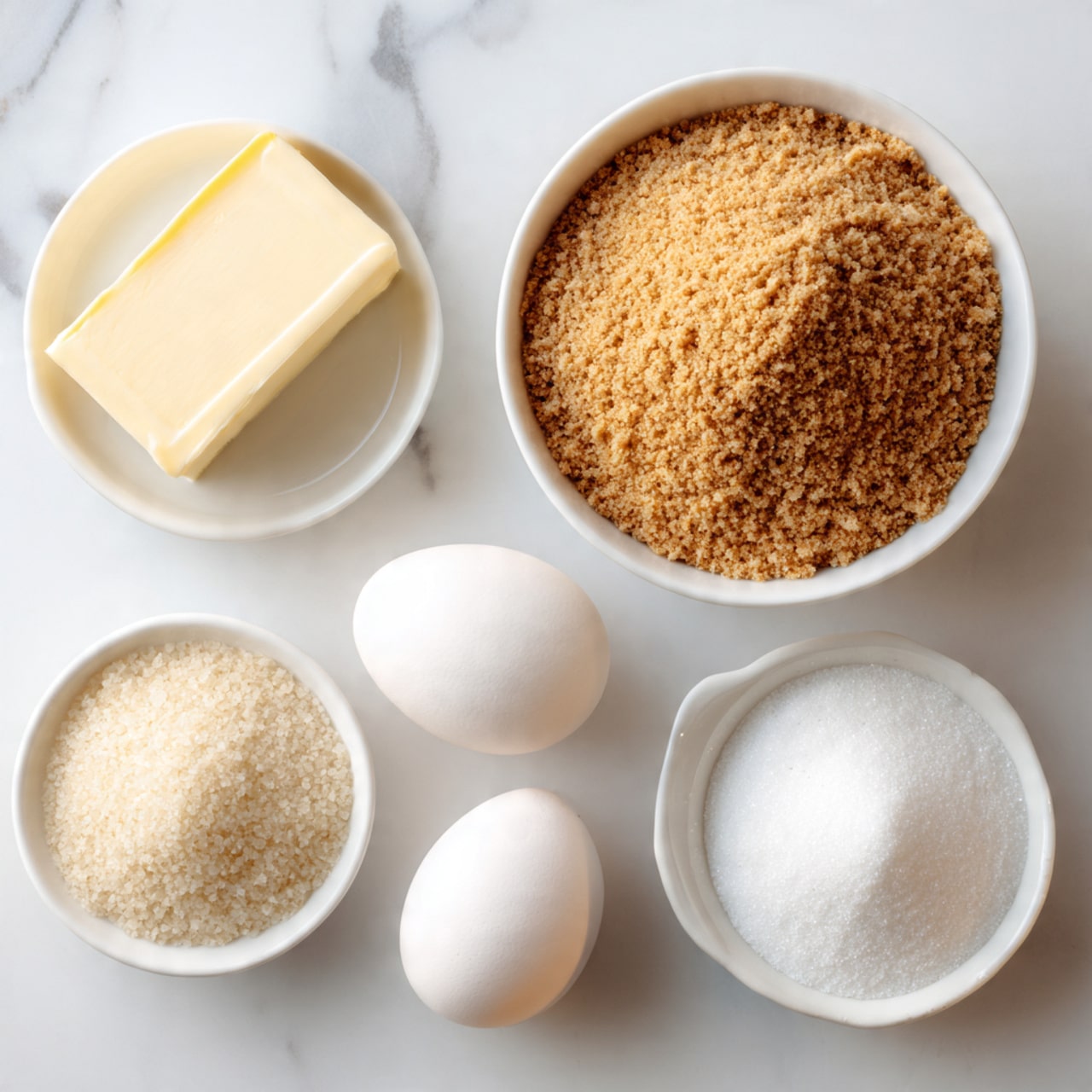 The image shows a white bowl filled with dry brown crumbs in the center front. Surrounding it are four smaller white bowls arranged in a loose semi-circle on a white marbled surface. One smaller bowl contains five white eggs, another has a pale yellow stick of butter, the third holds white powder, and the last one contains white granulated sugar. The overall setup is neat and bright, with soft natural light highlighting the textures. Photo taken with an iphone --ar 4:5 --v 7