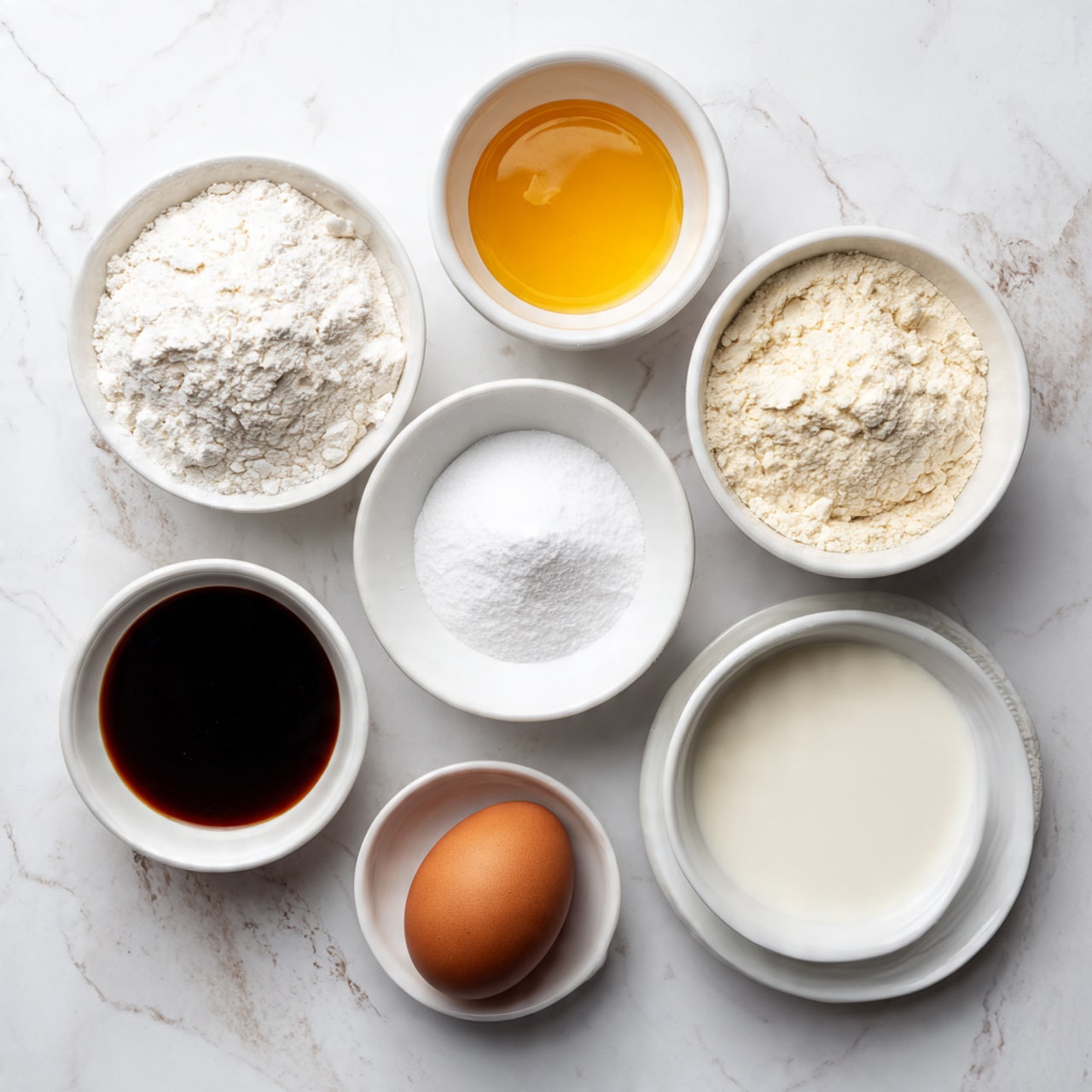 The image shows seven small white bowls and one white plate arranged on a white marbled surface. Each bowl contains a different baking ingredient: one with white flour, one with yellow melted butter, one with dark brown vanilla extract, one with white baking powder, one with white sugar, and one with milk that is slightly off-white. The white plate holds a single brown egg. The arrangement is neat and spaced out, with the bowls and plate viewed from above, clearly showing each ingredient's texture and color. photo taken with an iphone --ar 4:5 --v 7