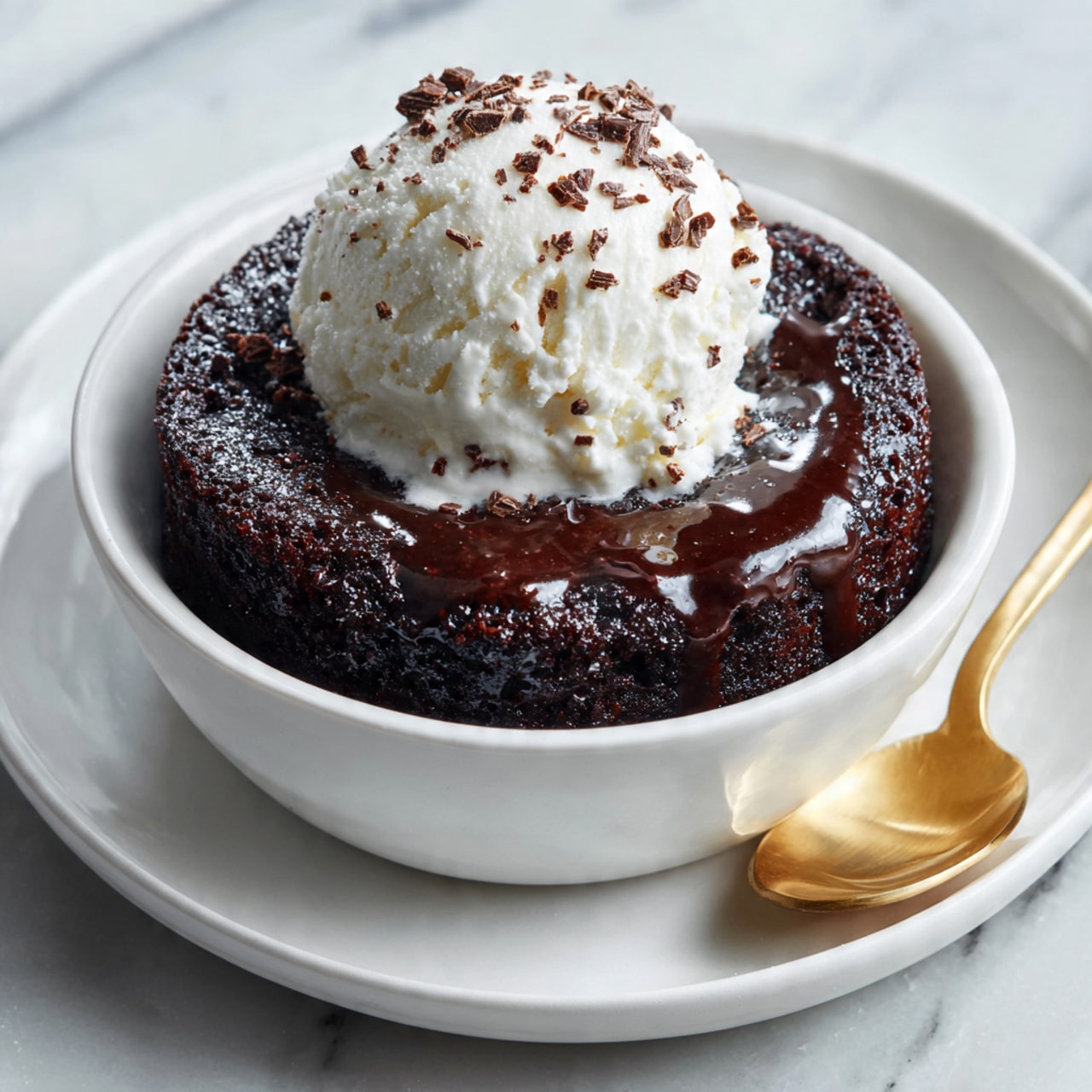 A white bowl filled with rich, dark chocolate cake that looks moist and soft, covered with a shiny layer of melted chocolate sauce. On top of the chocolate cake, there is a scoop of creamy white vanilla ice cream with small specks of chocolate shavings scattered over it. The bowl is placed on a white plate next to a gold spoon, all set on a white marbled surface. photo taken with an iphone --ar 4:5 --v 7