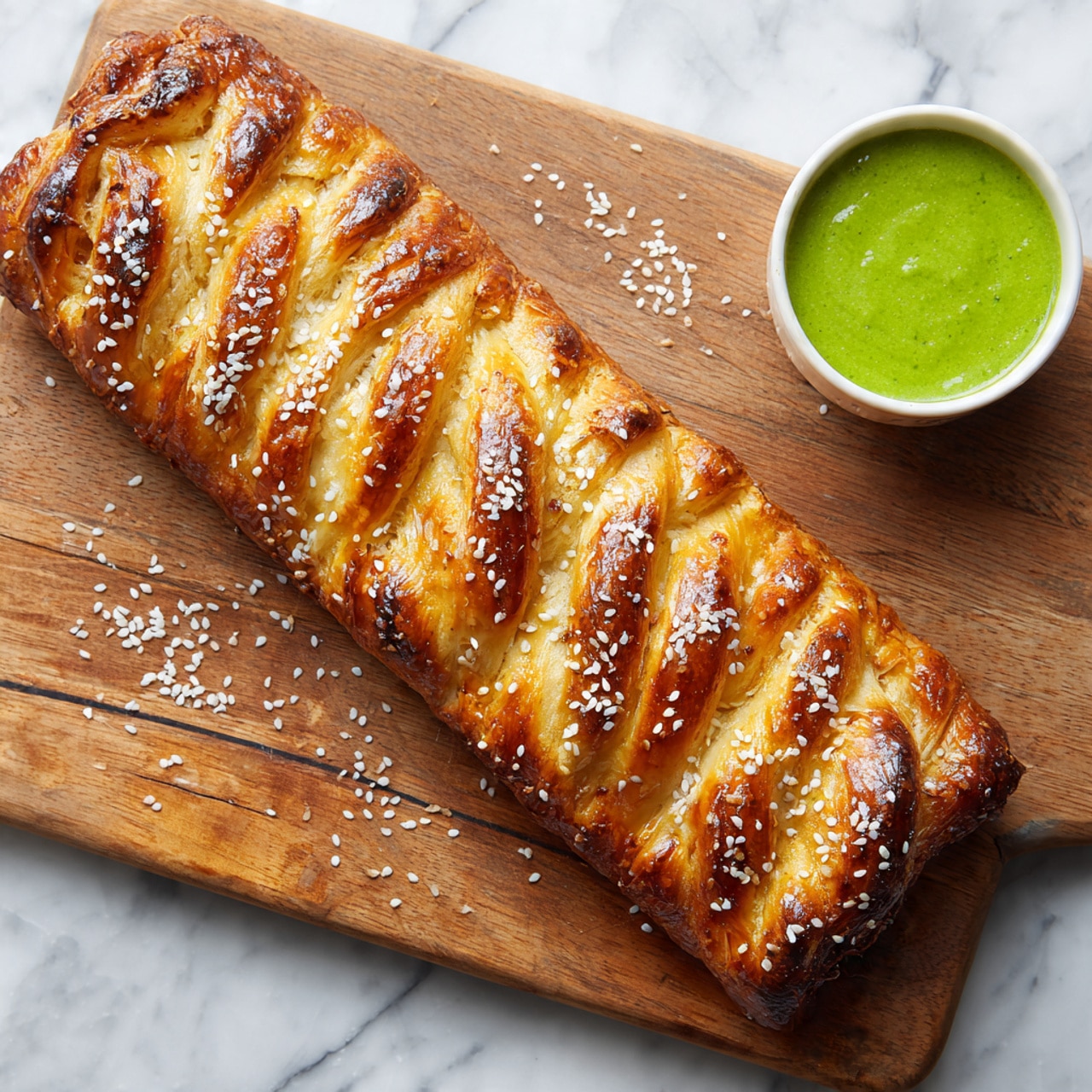 A long golden-brown baked pastry with a braided pattern on top, sprinkled with white sesame seeds. The pastry rests diagonally on a wooden board, which has scattered sesame seeds around. To the right of the pastry, there is a small white bowl filled with bright green sauce. The setting is on a white marbled surface, with soft natural lighting highlighting the shiny crust of the pastry. photo taken with an iphone --ar 4:5 --v 7