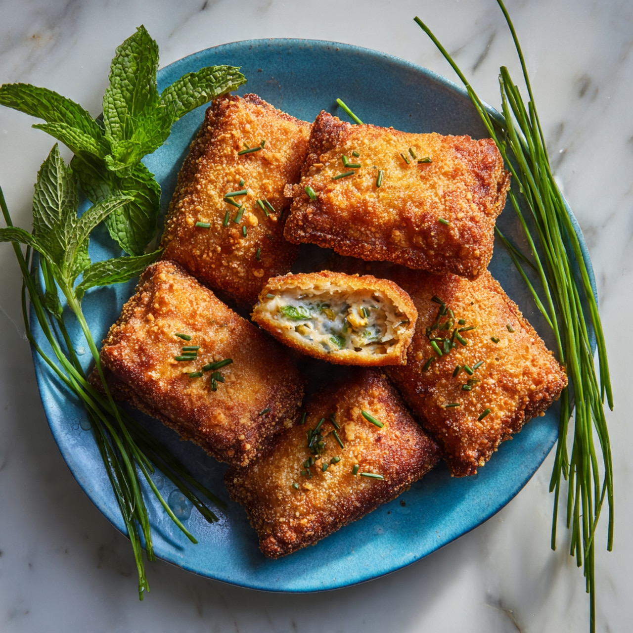 A blue plate holds six golden brown rectangular fried pastries with a crunchy, crumbly coating sprinkled lightly with green herbs. One pastry is broken open, showing a creamy filling with small green and yellow bits inside. Fresh green mint leaves and long green chives are placed around the plate. The plate sits on a white marbled surface. photo taken with an iphone --ar 4:5 --v 7