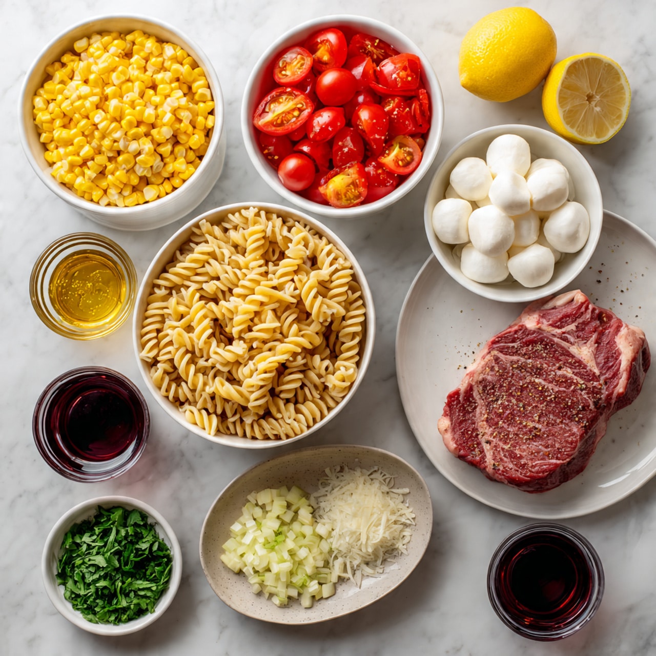 The image shows a large white bowl in the center filled with light brown, wavy pasta. Surrounding the bowl are smaller white bowls with colorful ingredients: bright yellow grilled corn, red cherry tomatoes cut in halves, white mozzarella balls, and chopped red roasted peppers. There is a plate with a large raw steak seasoned with salt and pepper on the bottom right. Two lemon halves sit above the pasta bowl, and there are small white bowls of chopped shallots and green herbs below the steak and to the bottom right. Two small glasses with dark red and golden liquids are placed near the lemon. Everything is arranged on a white marbled surface. photo taken with an iphone --ar 4:5 --v 7