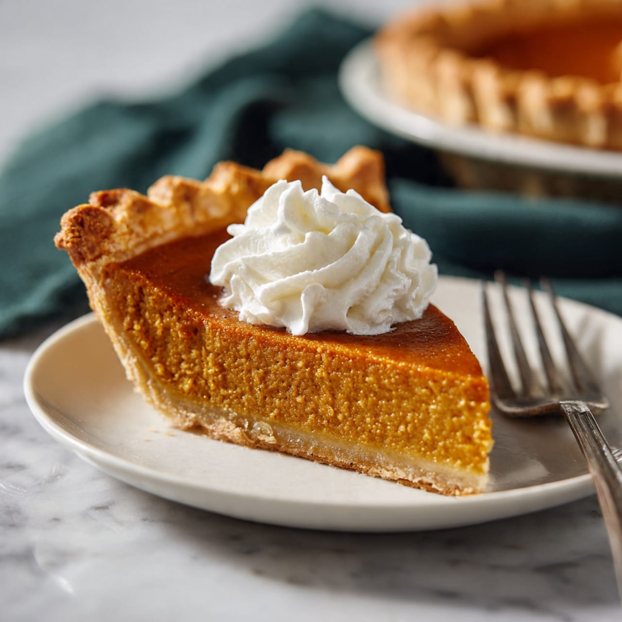 A white plate holds a single slice of smooth pumpkin pie with a slightly shiny, deep orange filling and a light golden-brown crust with crimped edges. On top of the pie slice is a small swirl of white whipped cream. The plate is placed on a white marbled surface, with part of a second slice visible at the bottom left. Behind the plate, a silver fork lies on the right side next to a dark green cloth. Photo taken with an iphone --ar 4:5 --v 7