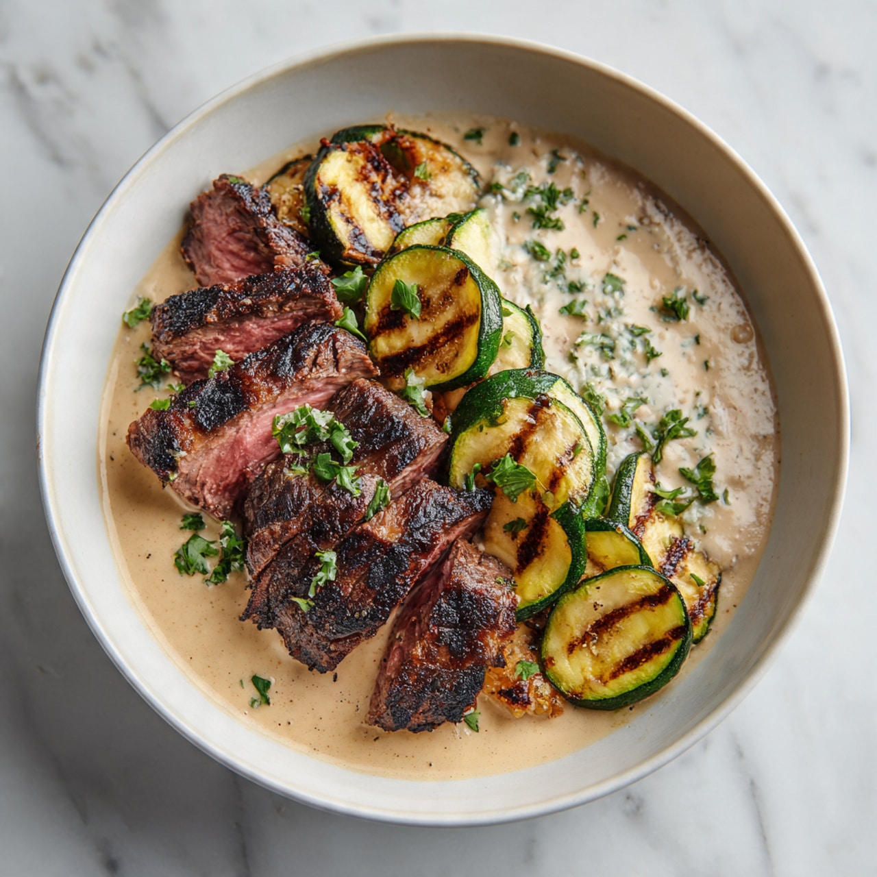 The dish shows grilled steak pieces with a dark, charred outer layer and pink inside, some sliced to reveal the tender texture, placed on the left side of a round white bowl. On the right side, there is a thick creamy sauce with a light beige color and specks of herbs, poured over some steak, sprinkled with small green parsley bits. Surrounding the steak and sauce is a layer of grilled zucchini slices, showing bright green edges and yellow centers with dark grill marks. The bowl sits on a white marbled surface. photo taken with an iphone --ar 4:5 --v 7